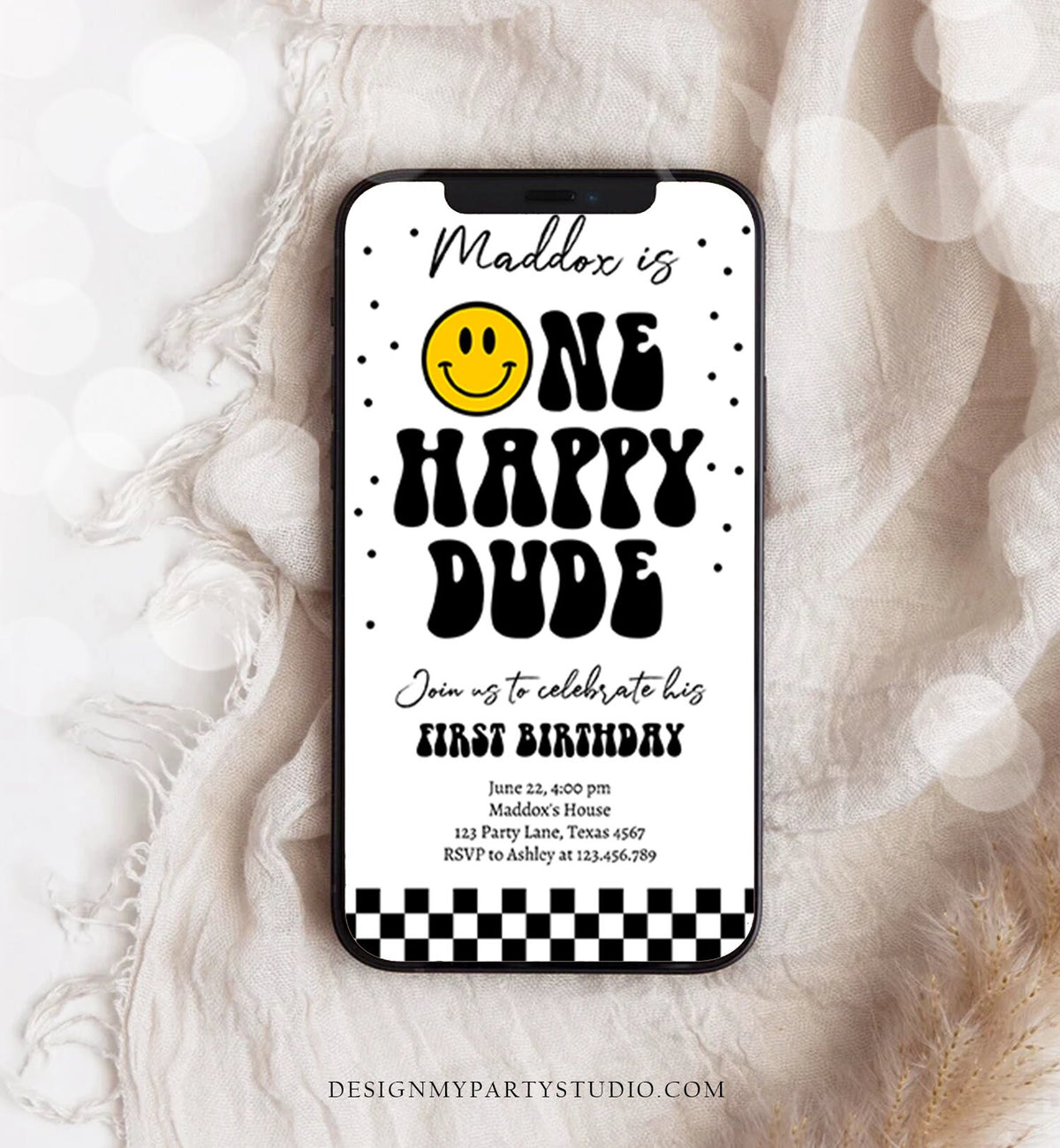 Editable One Happy Dude Birthday Evite Boy 1st Birthday Invitation Smiley Face Birthday Girl Download Phone Template Digital Corjl 0456
