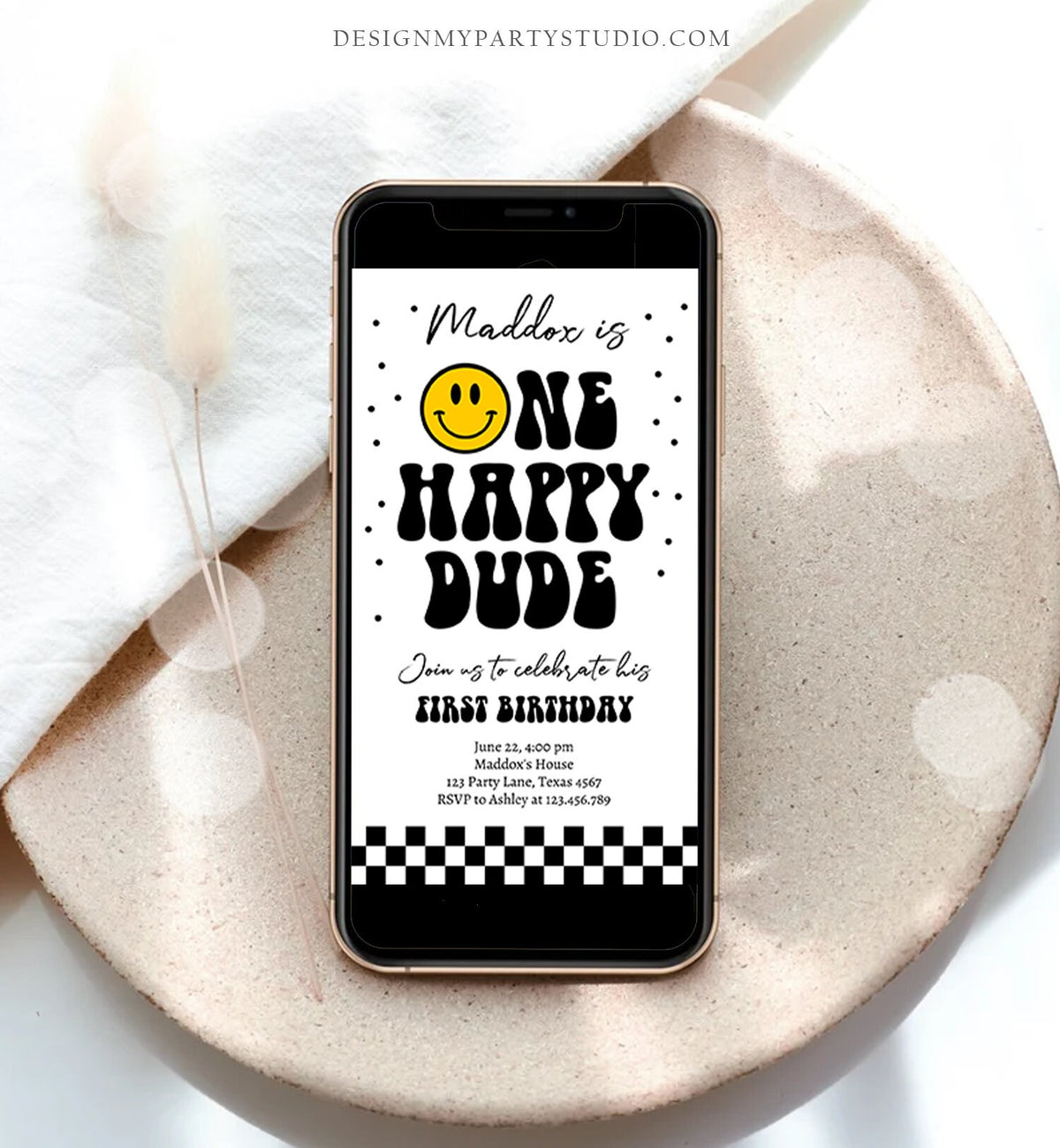 Editable One Happy Dude Birthday Evite Boy 1st Birthday Invitation Smiley Face Birthday Girl Download Phone Template Digital Corjl 0456