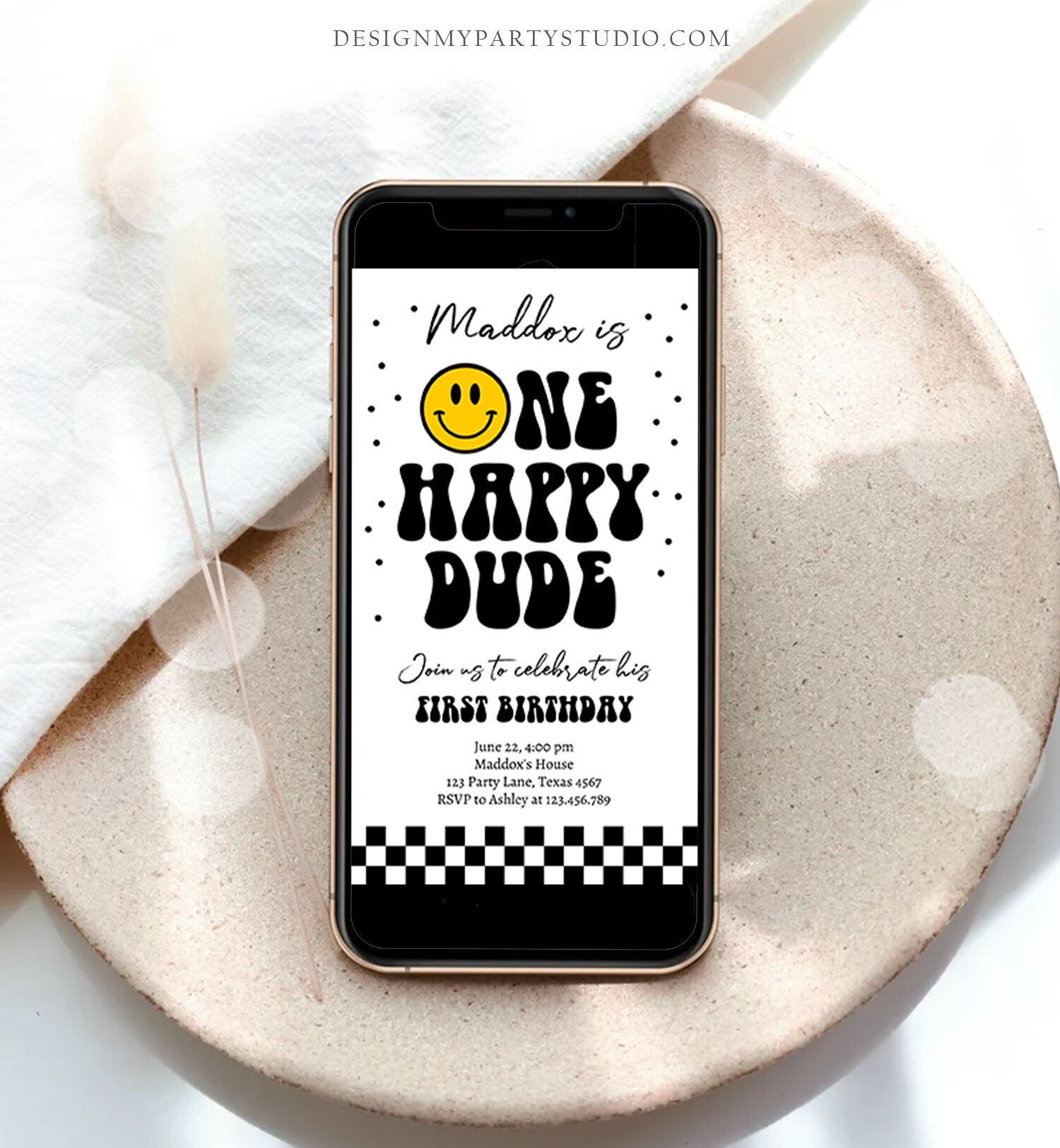 Editable One Happy Dude Birthday Evite Boy 1st Birthday Invitation Smiley Face Birthday Girl Download Phone Template Digital Corjl 0456