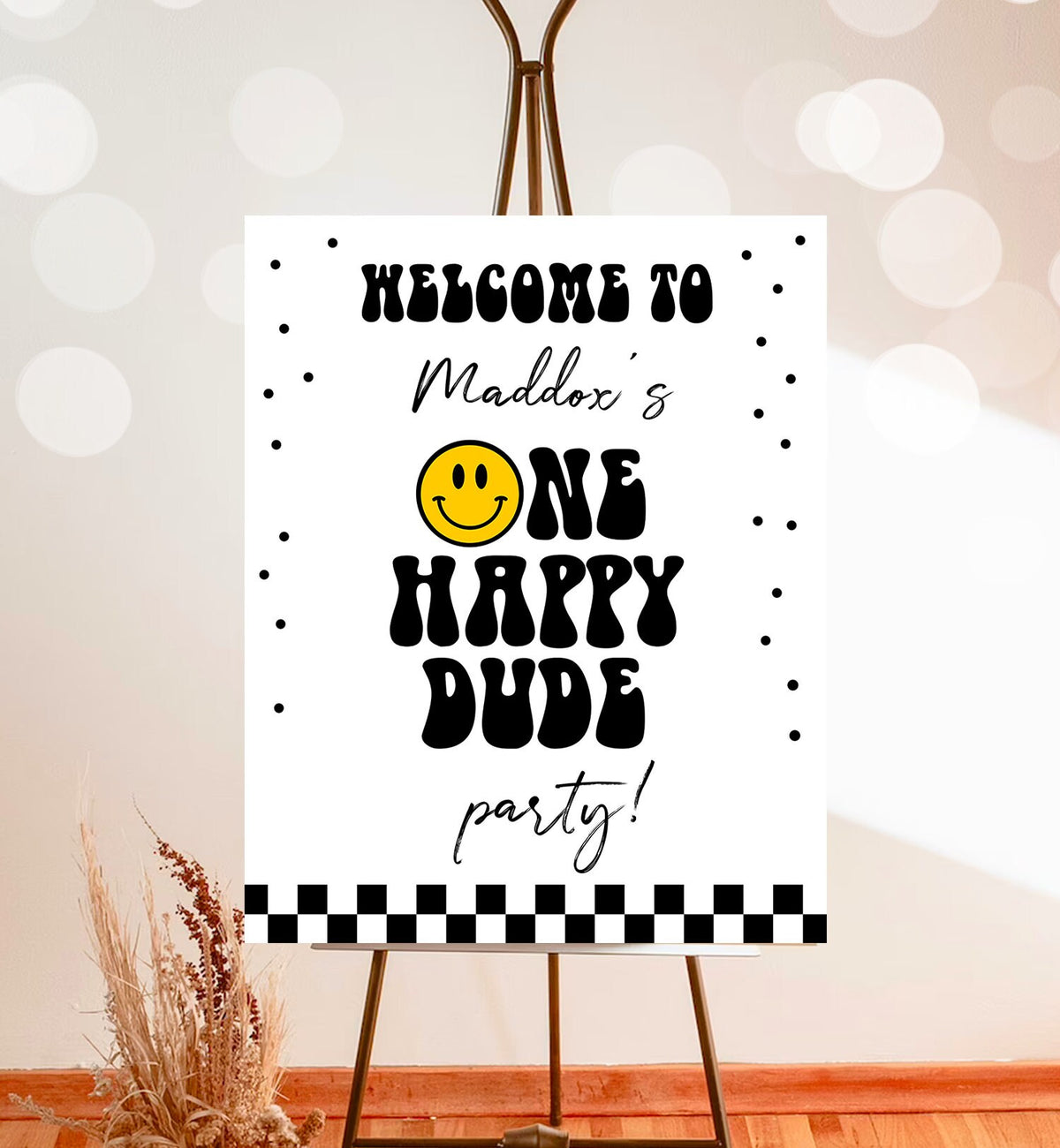 Editable Smiley Face Welcome Sign One Happy Dude Birthday Welcome Poster Boy 1st Birthday Teen Checkered Decor Template Corjl PRINTABLE 0456