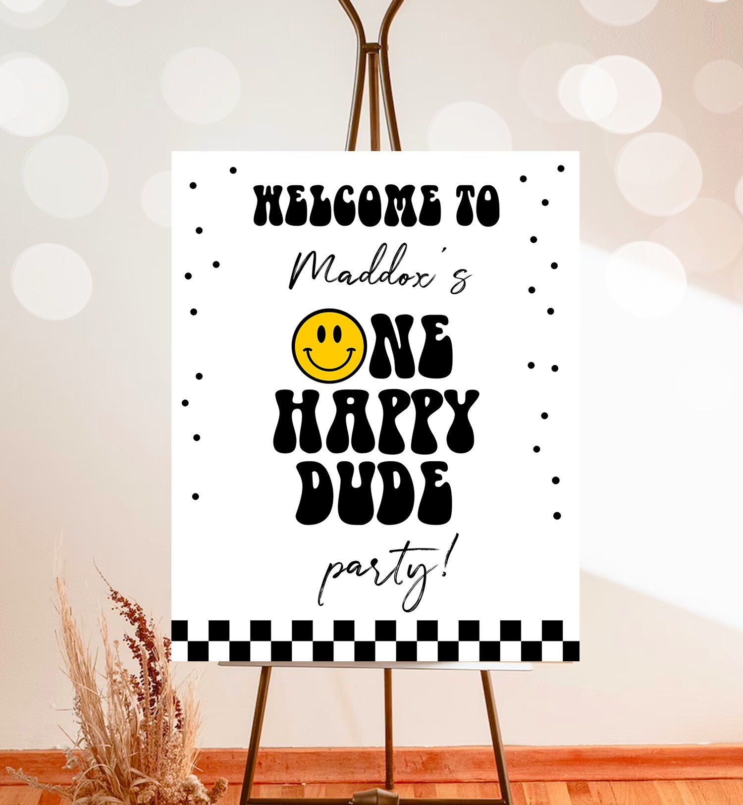 Editable Smiley Face Welcome Sign One Happy Dude Birthday Welcome Poster Boy 1st Birthday Teen Checkered Decor Template Corjl PRINTABLE 0456