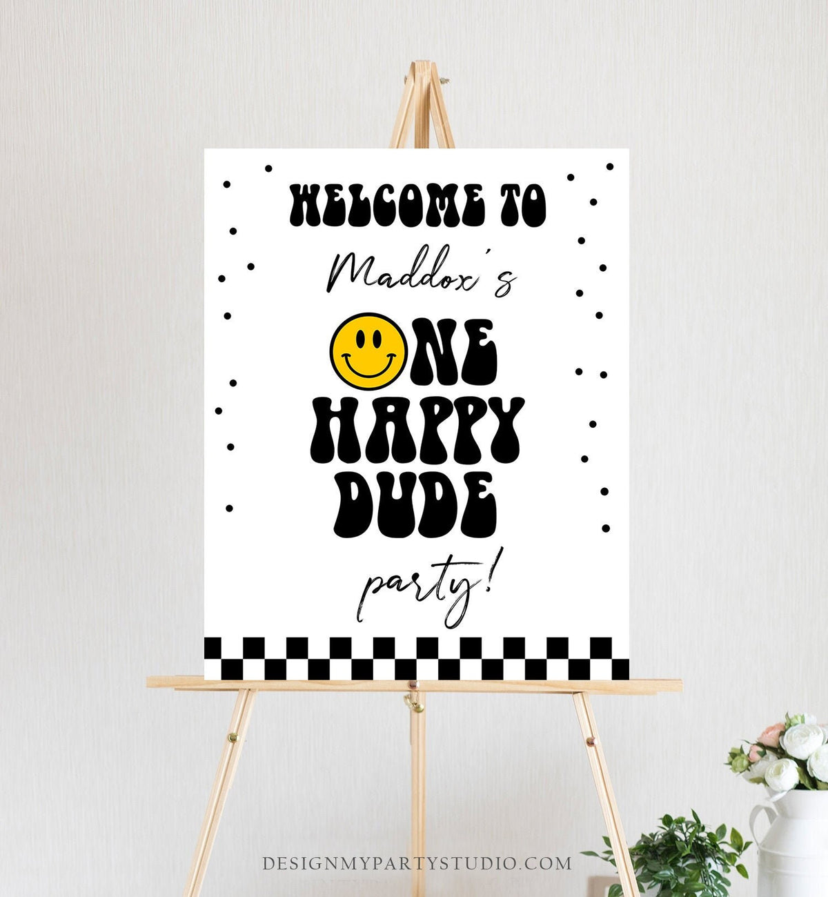 Editable Smiley Face Welcome Sign One Happy Dude Birthday Welcome Poster Boy 1st Birthday Teen Checkered Decor Template Corjl PRINTABLE 0456