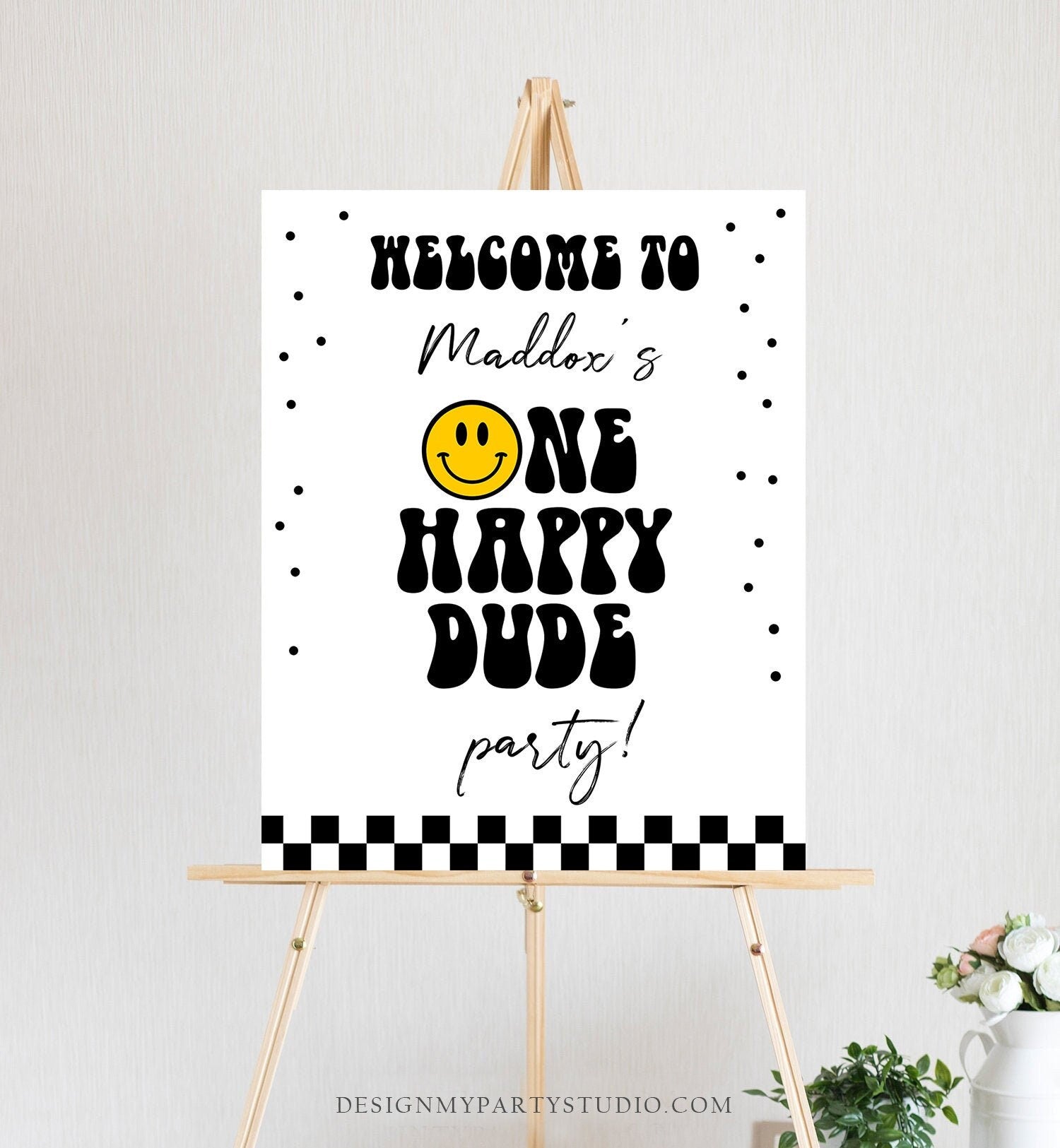 Editable Smiley Face Welcome Sign One Happy Dude Birthday Welcome Poster Boy 1st Birthday Teen Checkered Decor Template Corjl PRINTABLE 0456