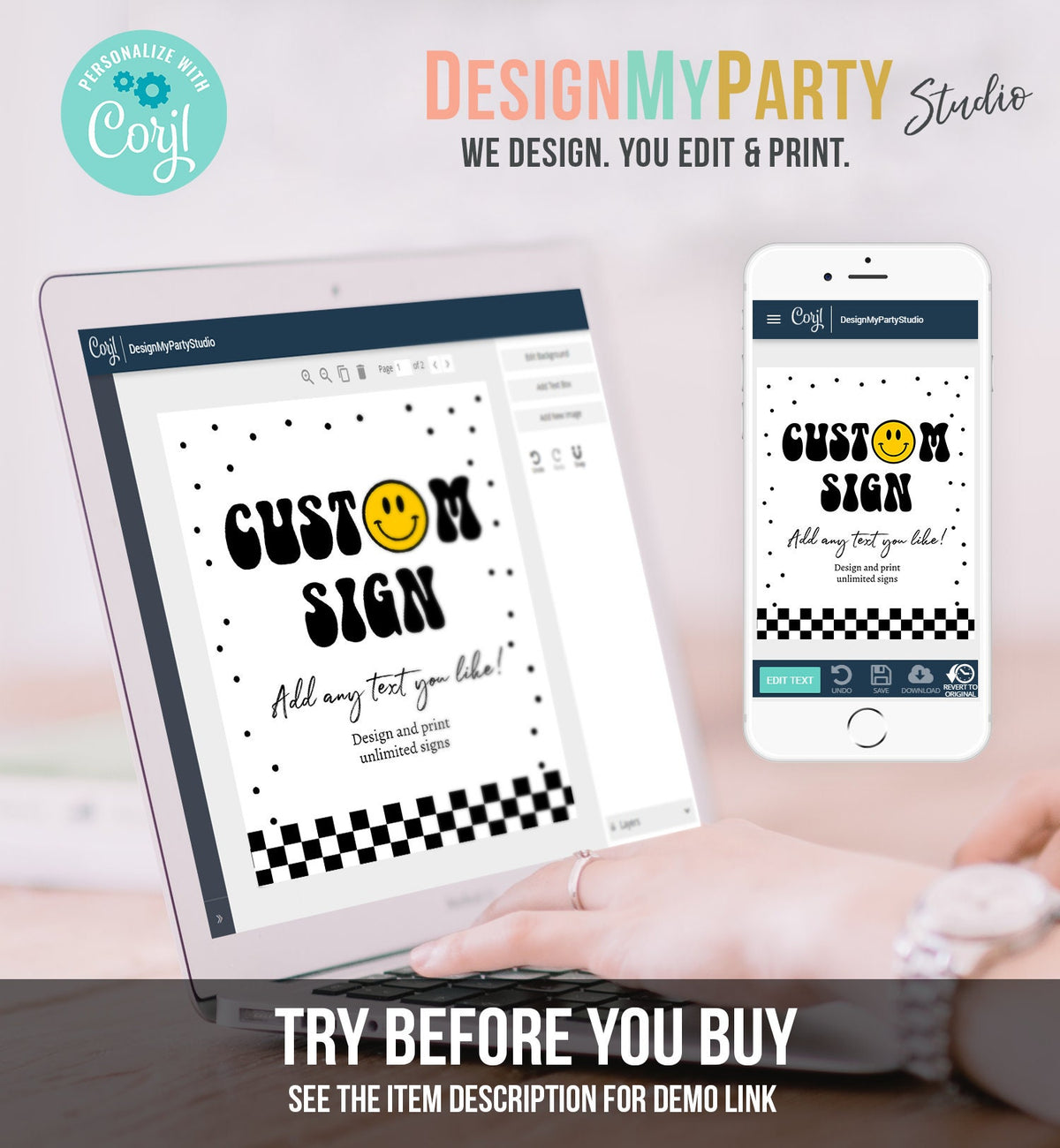 Editable Custom Sign Smiley Face Birthday Party Sign One Happy Dude Happy Face Party Decor Checkered Boy 8x10 Download PRINTABLE Corjl 0456