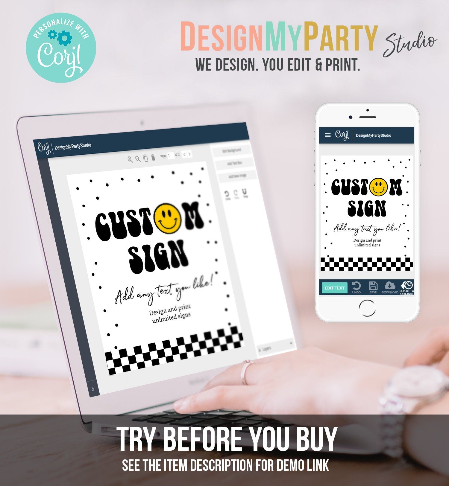 Editable Custom Sign Smiley Face Birthday Party Sign One Happy Dude Happy Face Party Decor Checkered Boy 8x10 Download PRINTABLE Corjl 0456