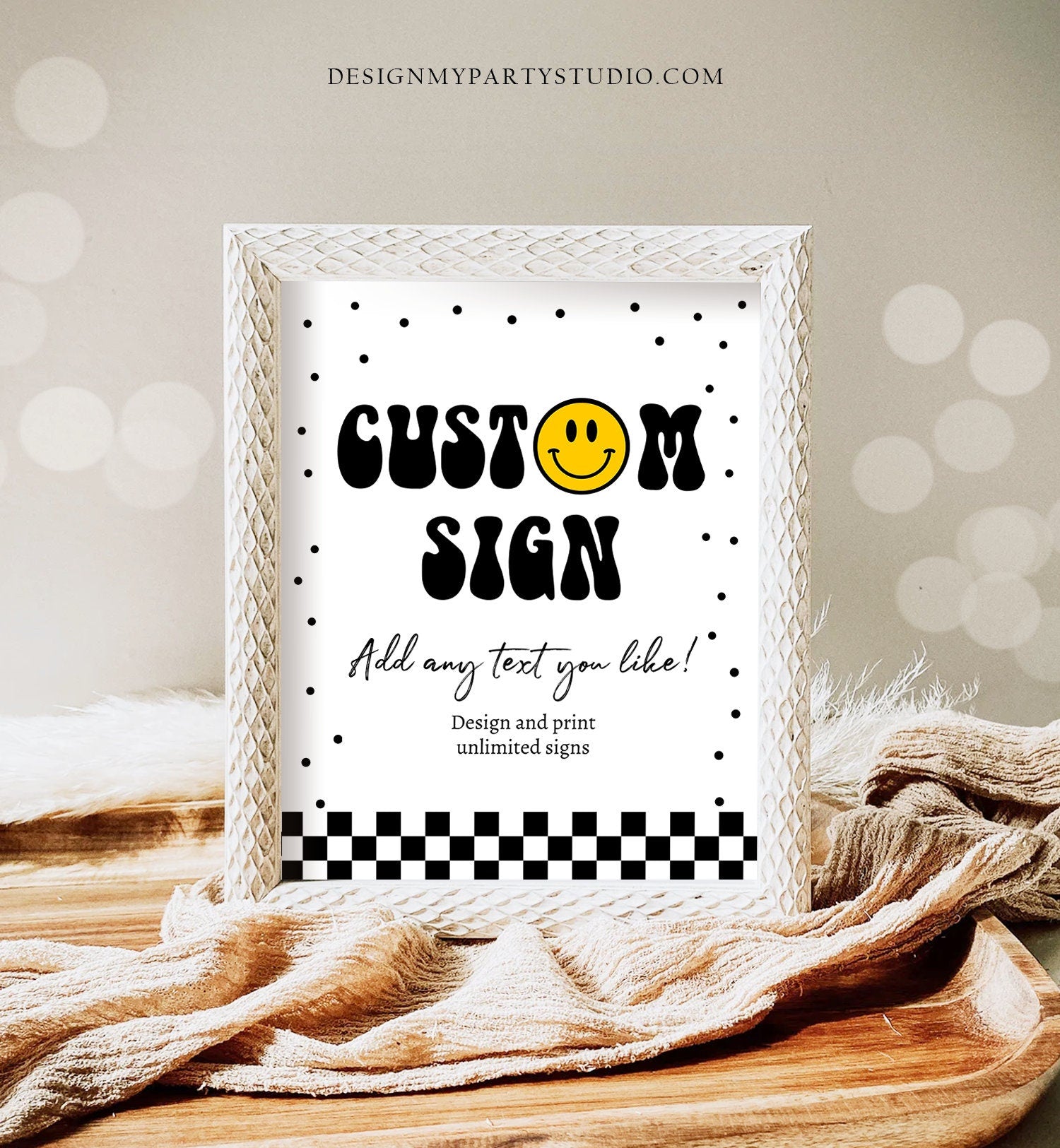 Editable Custom Sign Smiley Face Birthday Party Sign One Happy Dude Happy Face Party Decor Checkered Boy 8x10 Download PRINTABLE Corjl 0456
