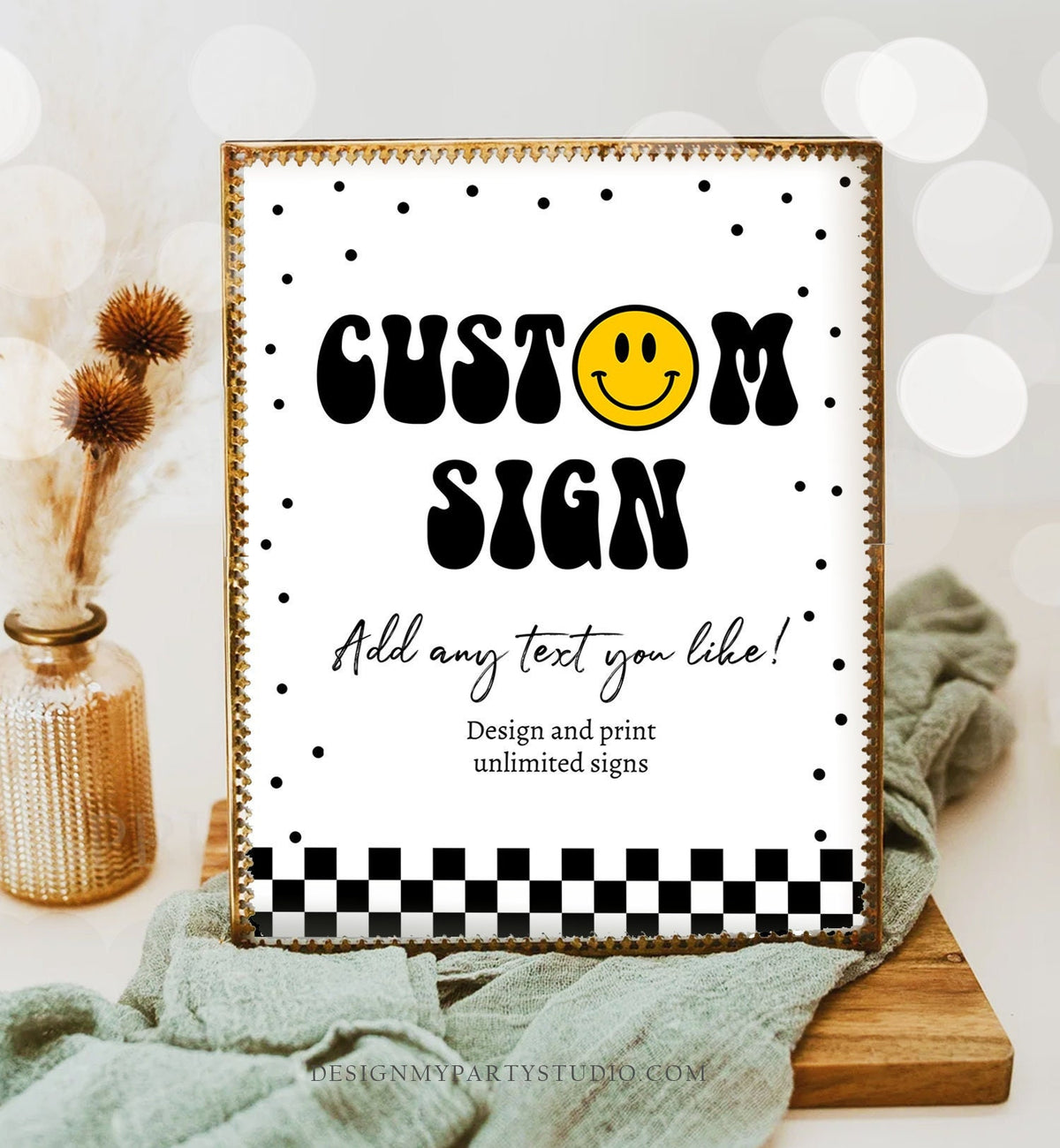 Editable Custom Sign Smiley Face Birthday Party Sign One Happy Dude Happy Face Party Decor Checkered Boy 8x10 Download PRINTABLE Corjl 0456