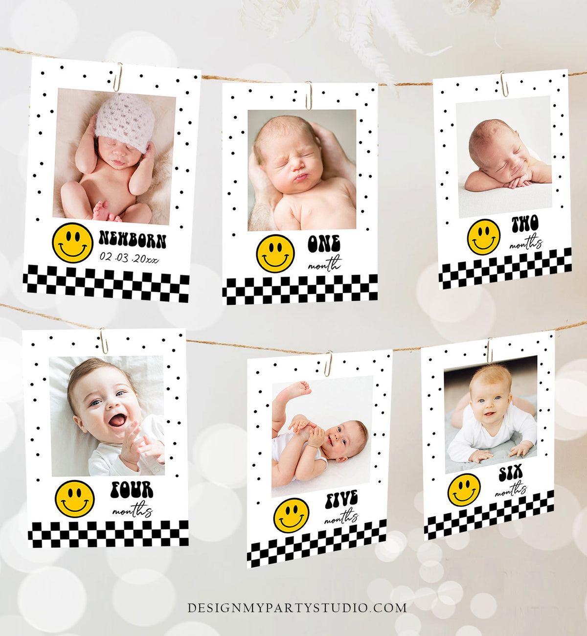 Editable First Year Photo Banner Happy Face Monthly Photo Banner First Birthday Banner Boy One Happy Dude Birthday Decor Corjl Template 0456