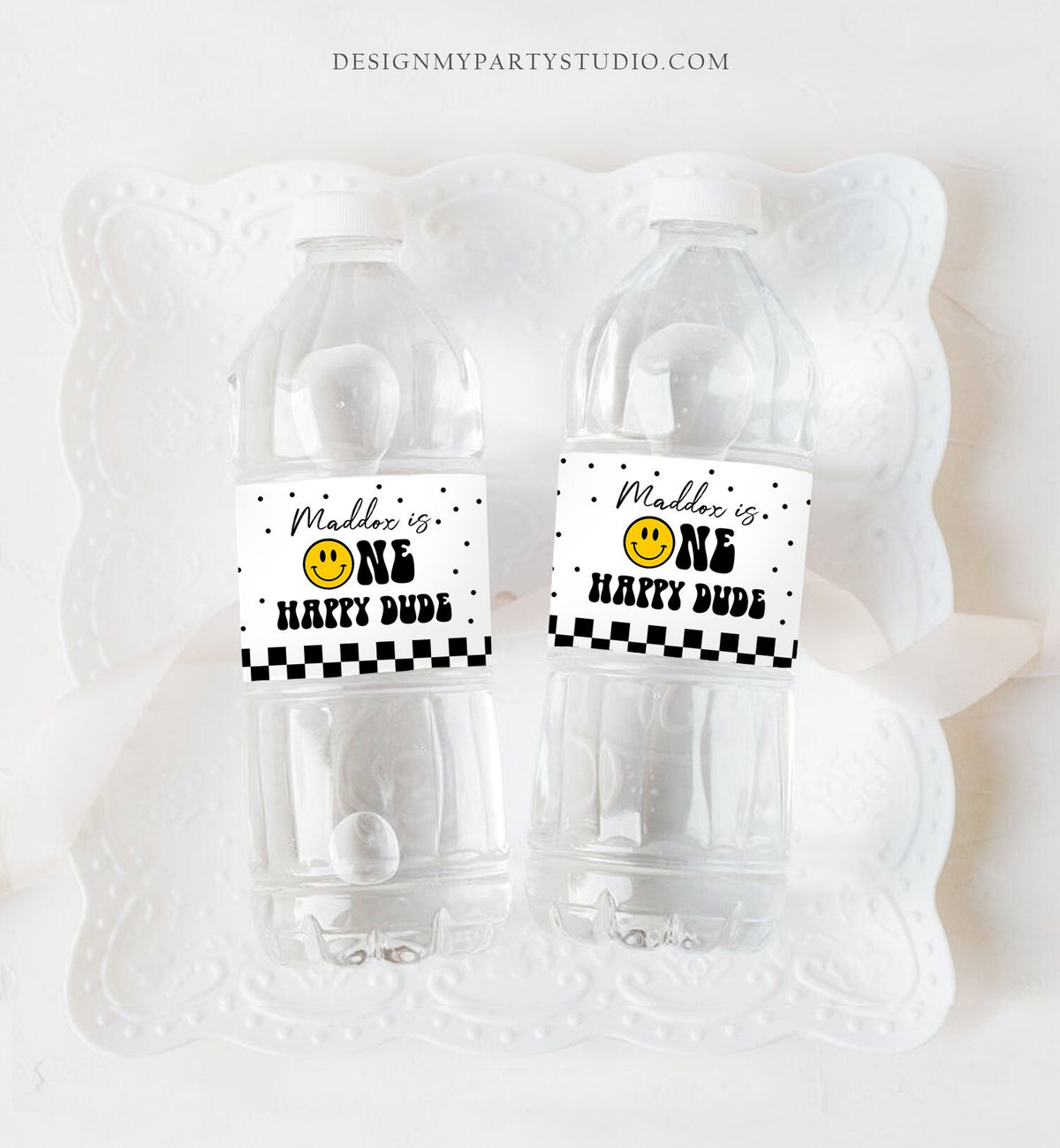 Editable One Happy Dude Birthday Water Bottle Labels Boy 1st Birthday Party Decor Smiley Face Birthday Smiley Printable Template Corjl 0456
