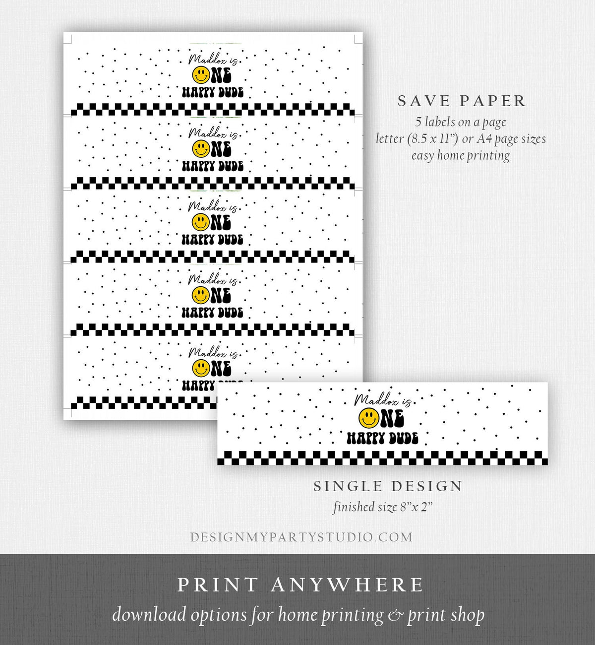 Editable One Happy Dude Birthday Water Bottle Labels Boy 1st Birthday Party Decor Smiley Face Birthday Smiley Printable Template Corjl 0456