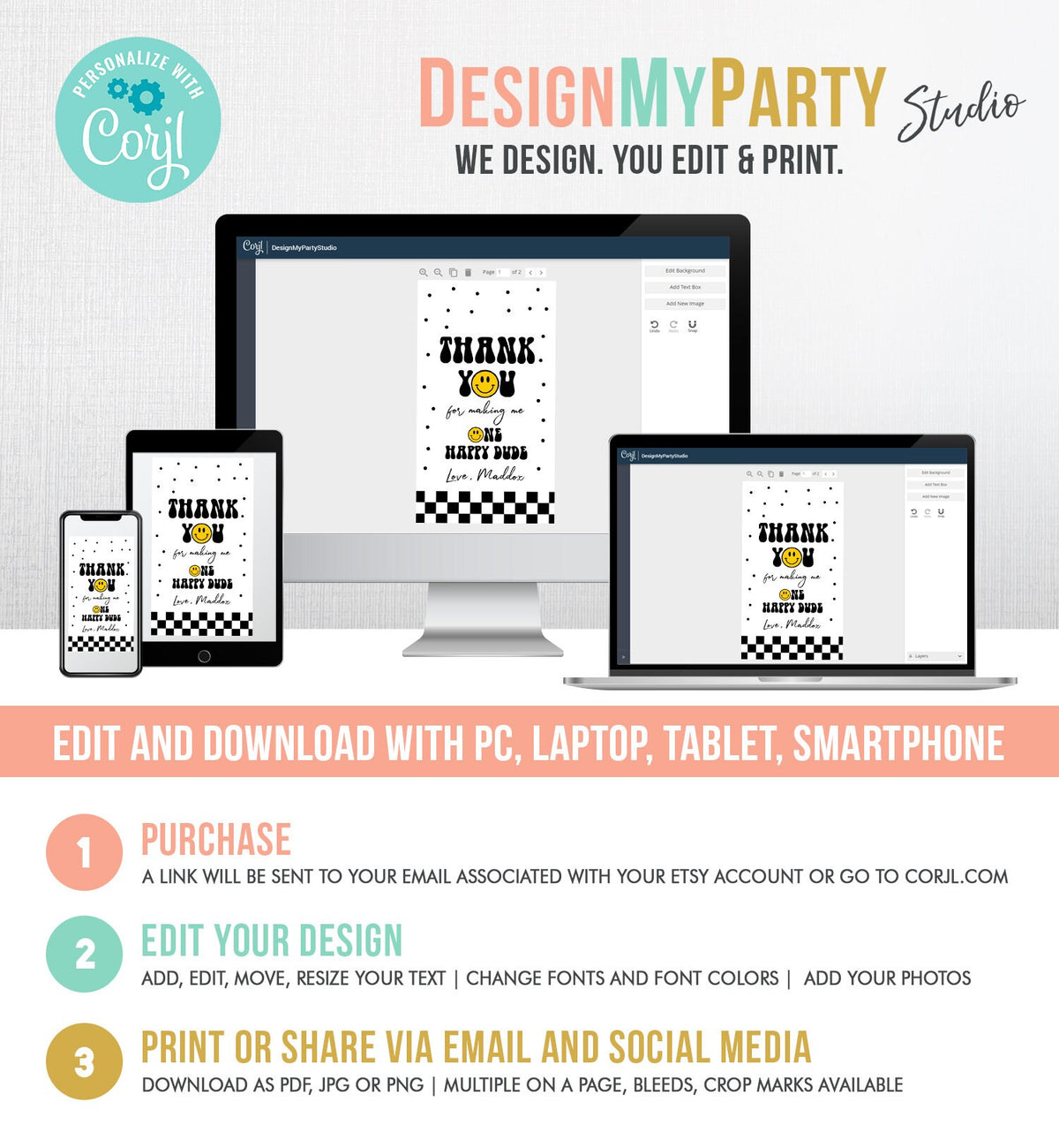 Editable One Happy Dude Birthday Favor Tags Smiley Face Thank You Tags Smiley 1st Birthday Boy Gift Tag Download Corjl Template 0456