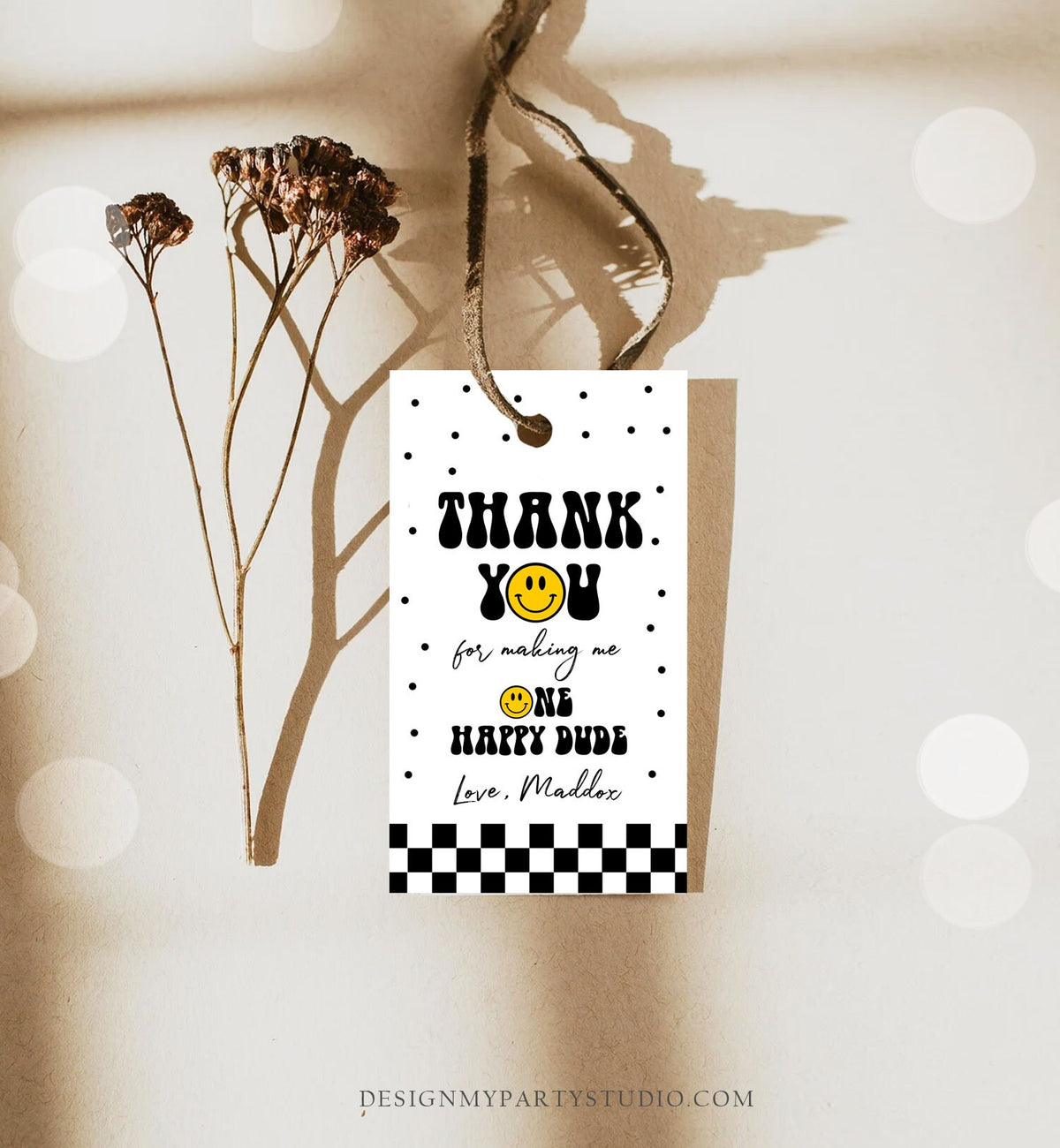 Editable One Happy Dude Birthday Favor Tags Smiley Face Thank You Tags Smiley 1st Birthday Boy Gift Tag Download Corjl Template 0456