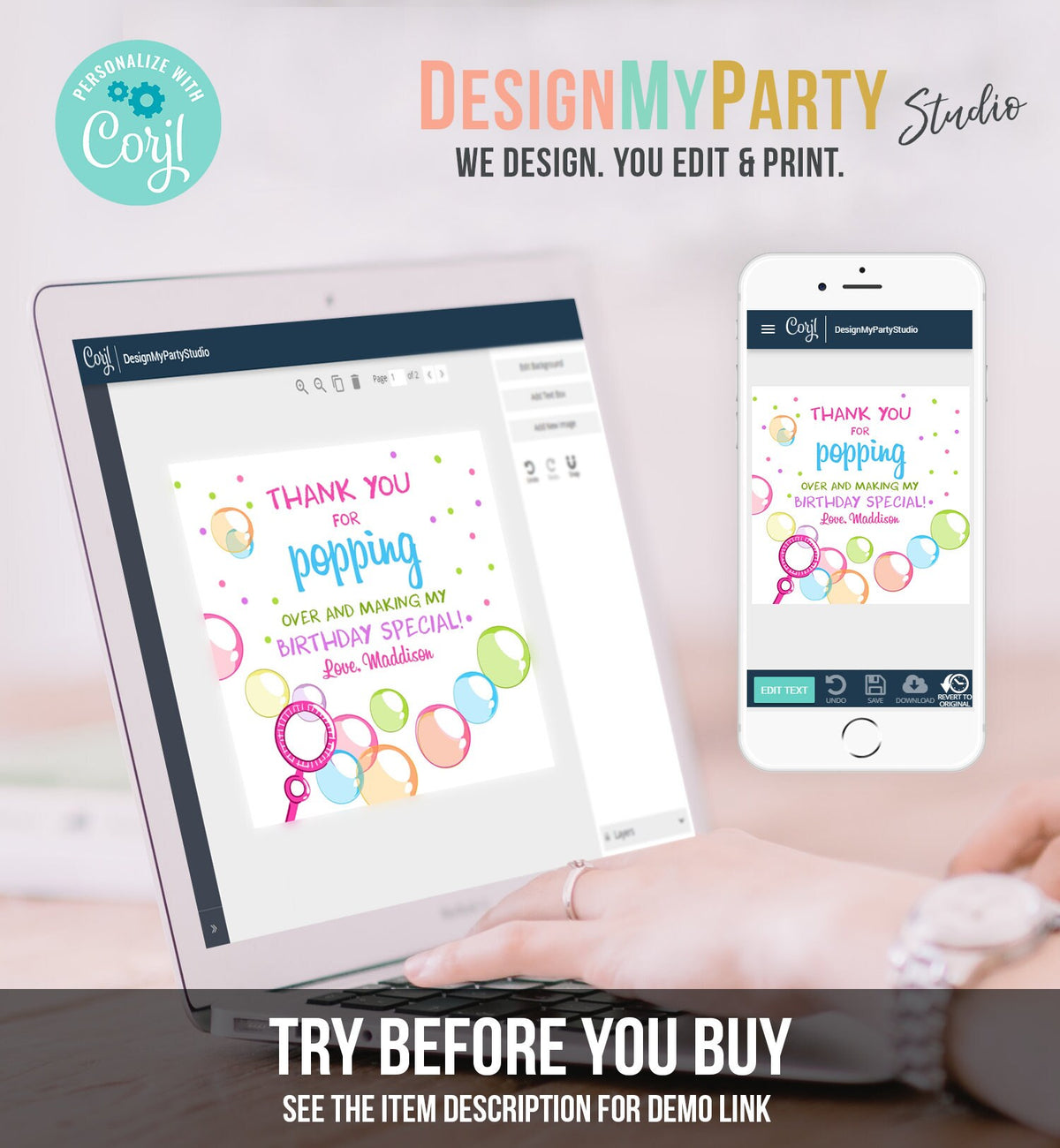 Editable Bubble Favor tags Pink Bubble Birthday Thank you tags Popping over Labels Bubbles Stickers Tags Girl Template PRINTABLE Corjl 0035