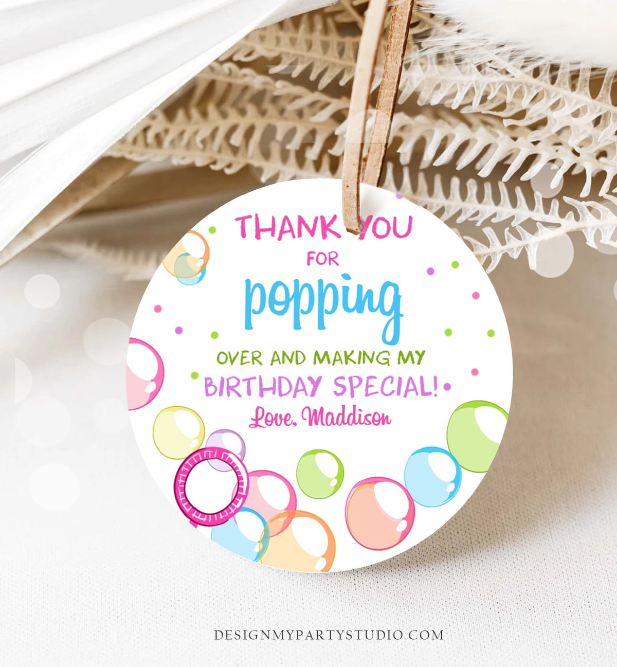 Editable Bubble Favor tags Pink Bubble Birthday Thank you tags Popping over Labels Bubbles Stickers Tags Girl Template PRINTABLE Corjl 0035