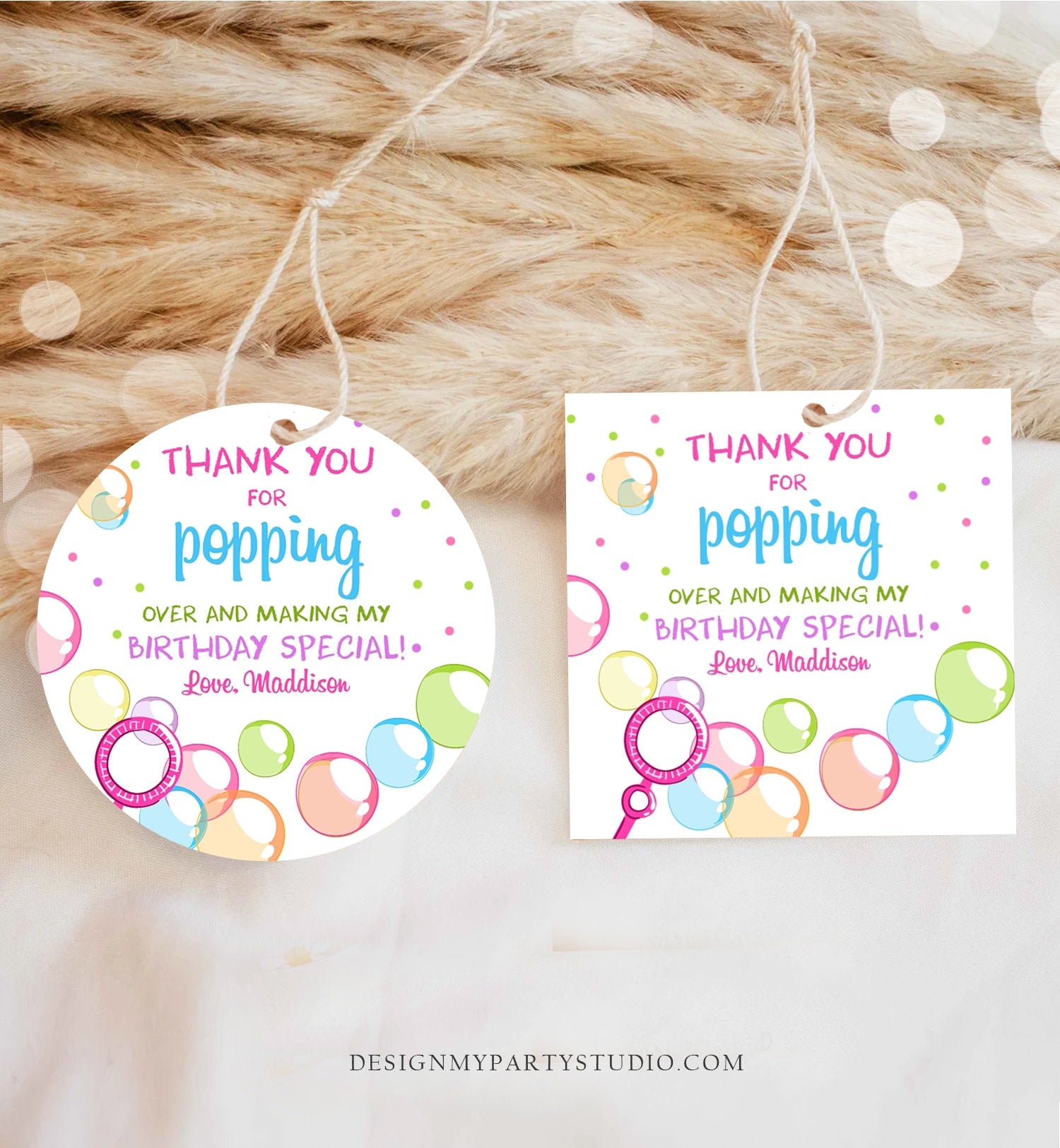 Editable Bubble Favor tags Pink Bubble Birthday Thank you tags Popping - Design My Party Studio editable-bubble-favor-tags-pink-bubble-birthday-thank-you-tags-popping-design-my-party-studio