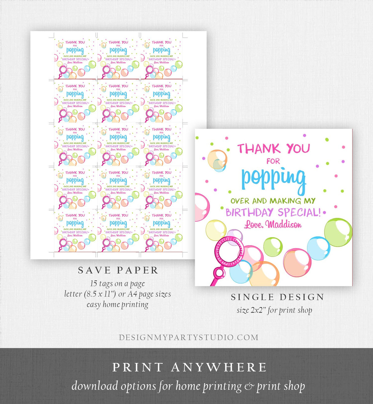 Editable Bubble Favor tags Pink Bubble Birthday Thank you tags Popping over Labels Bubbles Stickers Tags Girl Template PRINTABLE Corjl 0035