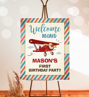 Editable Airplane Welcome Sign Airplane Birthday Boy First 1st Oh How Time Flies Party Decor Airplane Red Corjl Template Printable 0011