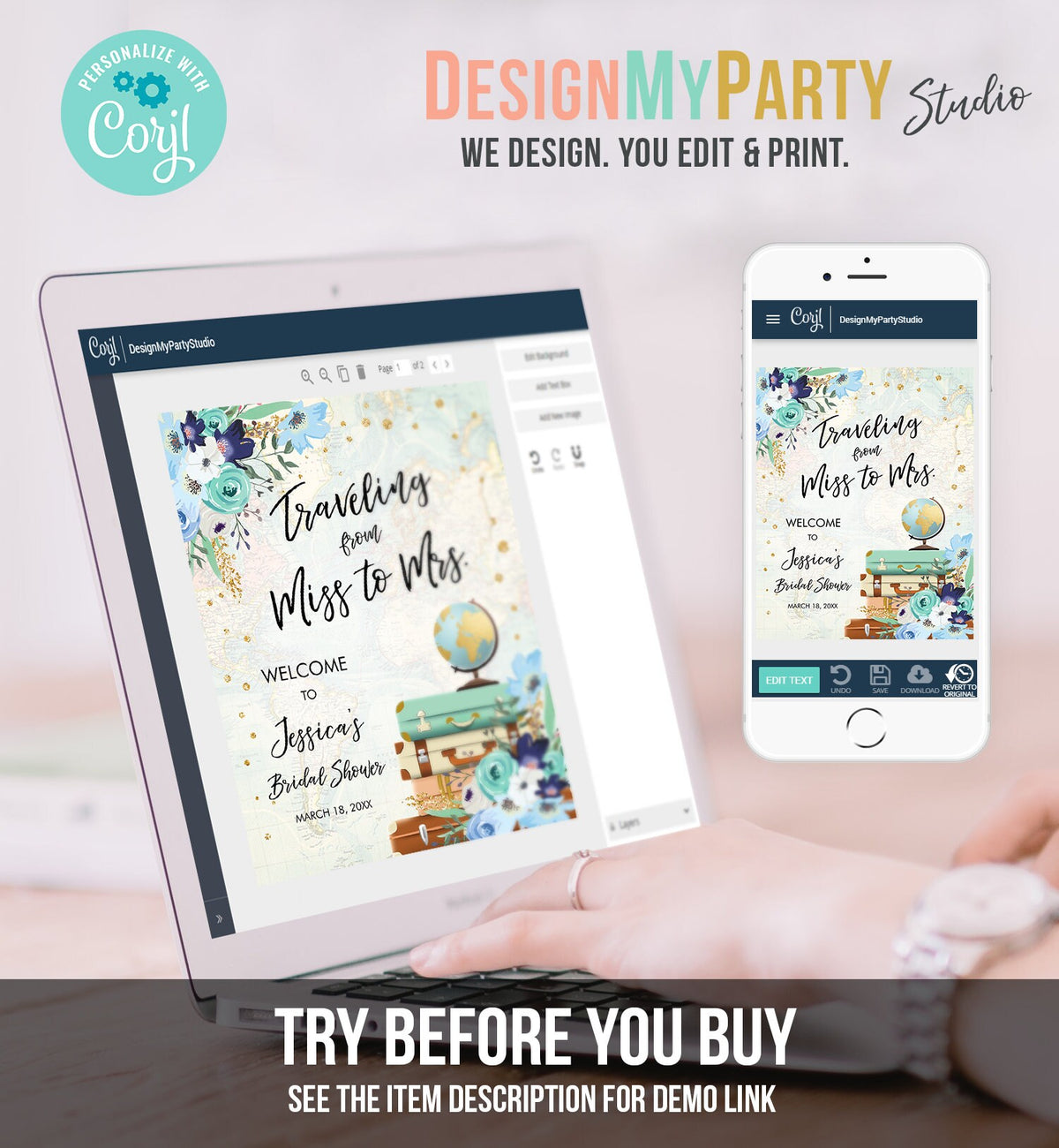 Editable Miss to Mrs Welcome Sign Bridal Shower Traveling From Miss to Mrs Adventure Love is a Journey Floral Blue Teal Corjl Template 0030