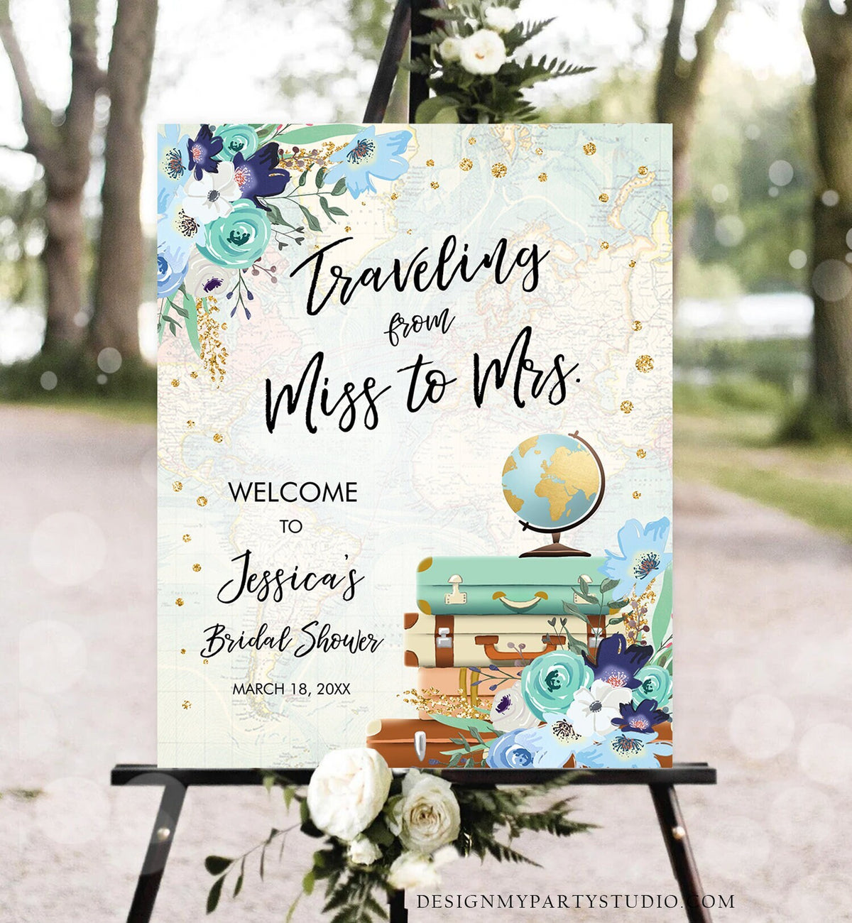 Editable Miss to Mrs Welcome Sign Bridal Shower Traveling From Miss to Mrs Adventure Love is a Journey Floral Blue Teal Corjl Template 0030