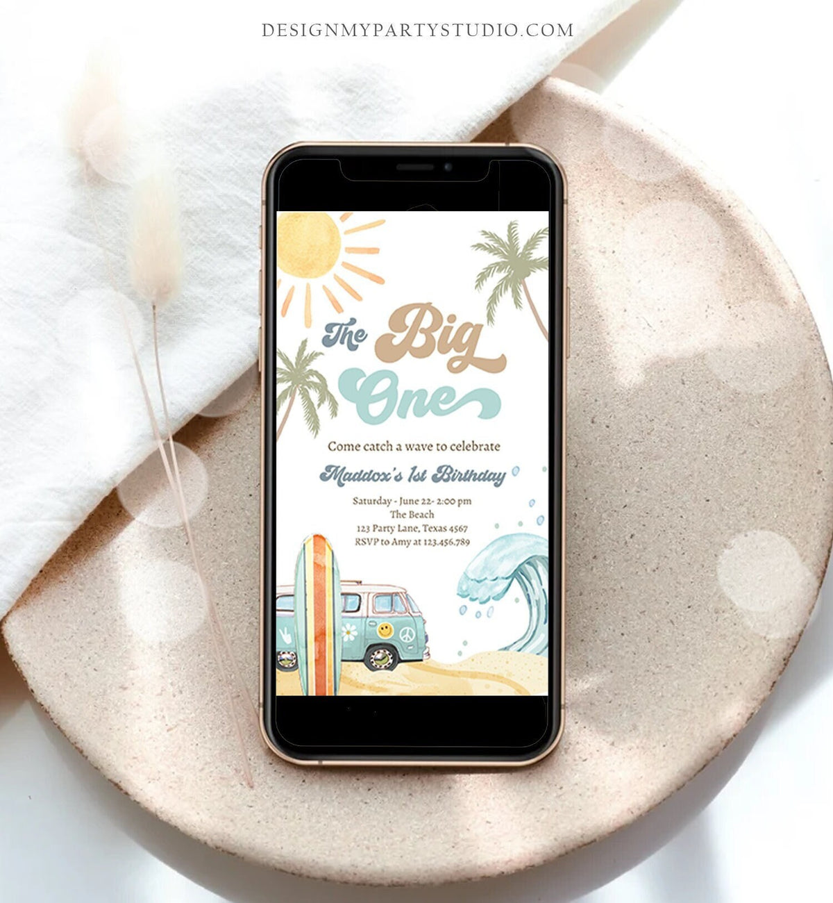 Editable The Big One Surf 1st Birthday Evite Retro Surfboard Beach Party Wave Surfer Boho Invite Phone Download Template Corjl Digital 0433