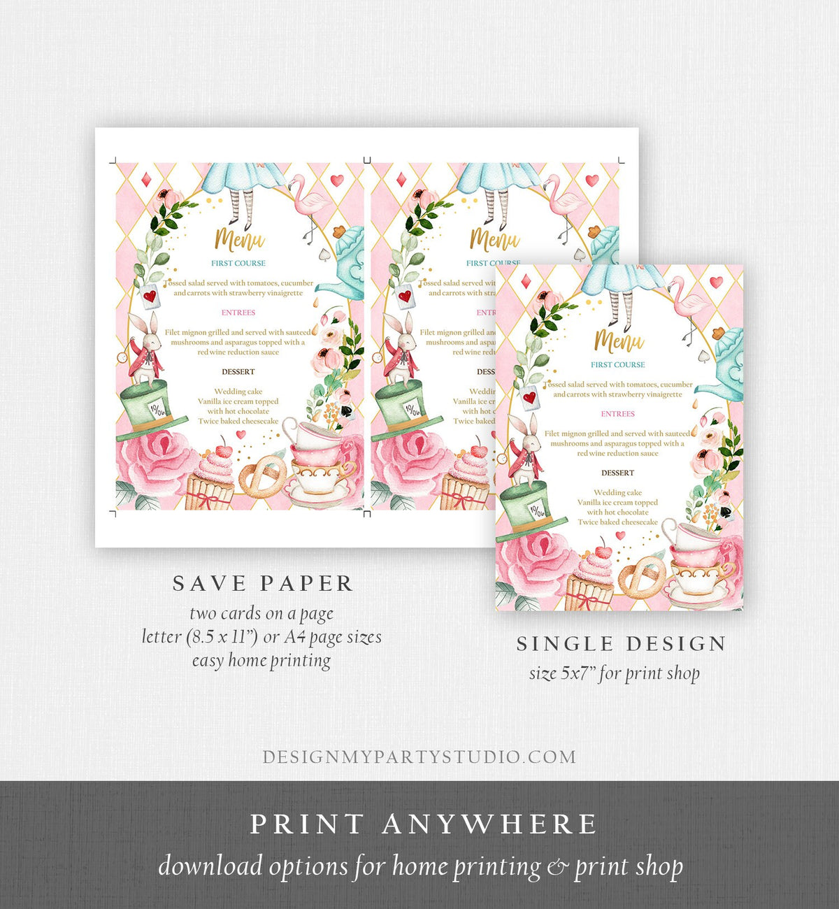 Editable Alice in Wonderland Menu Card Alice in Onederland Birthday Pink Menu Alice Decor Tea Party Download Corjl Template Printable 0350