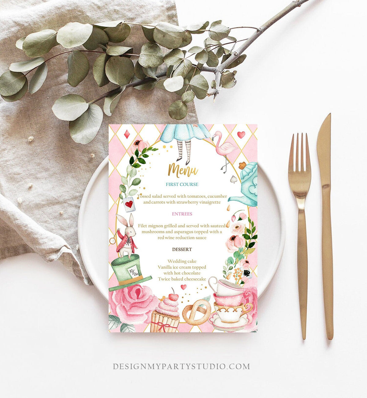 Editable Alice in Wonderland Menu Card Alice in Onederland Birthday Pink Menu Alice Decor Tea Party Download Corjl Template Printable 0350