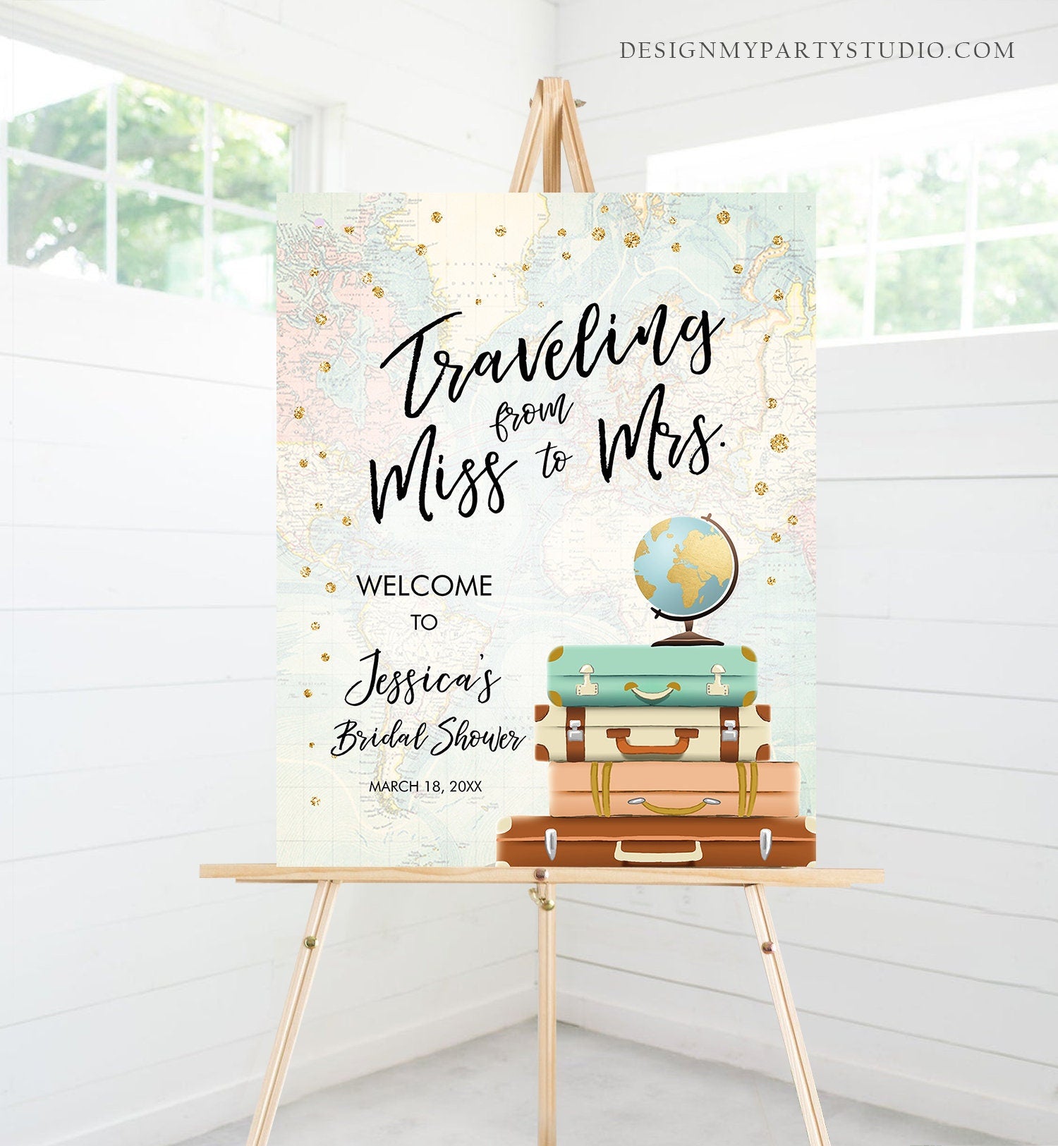 Editable Miss to Mrs Welcome Sign Bridal Shower Traveling From Miss to Mrs Adventure Love is a Journey Floral Pink Corjl Template 0263
