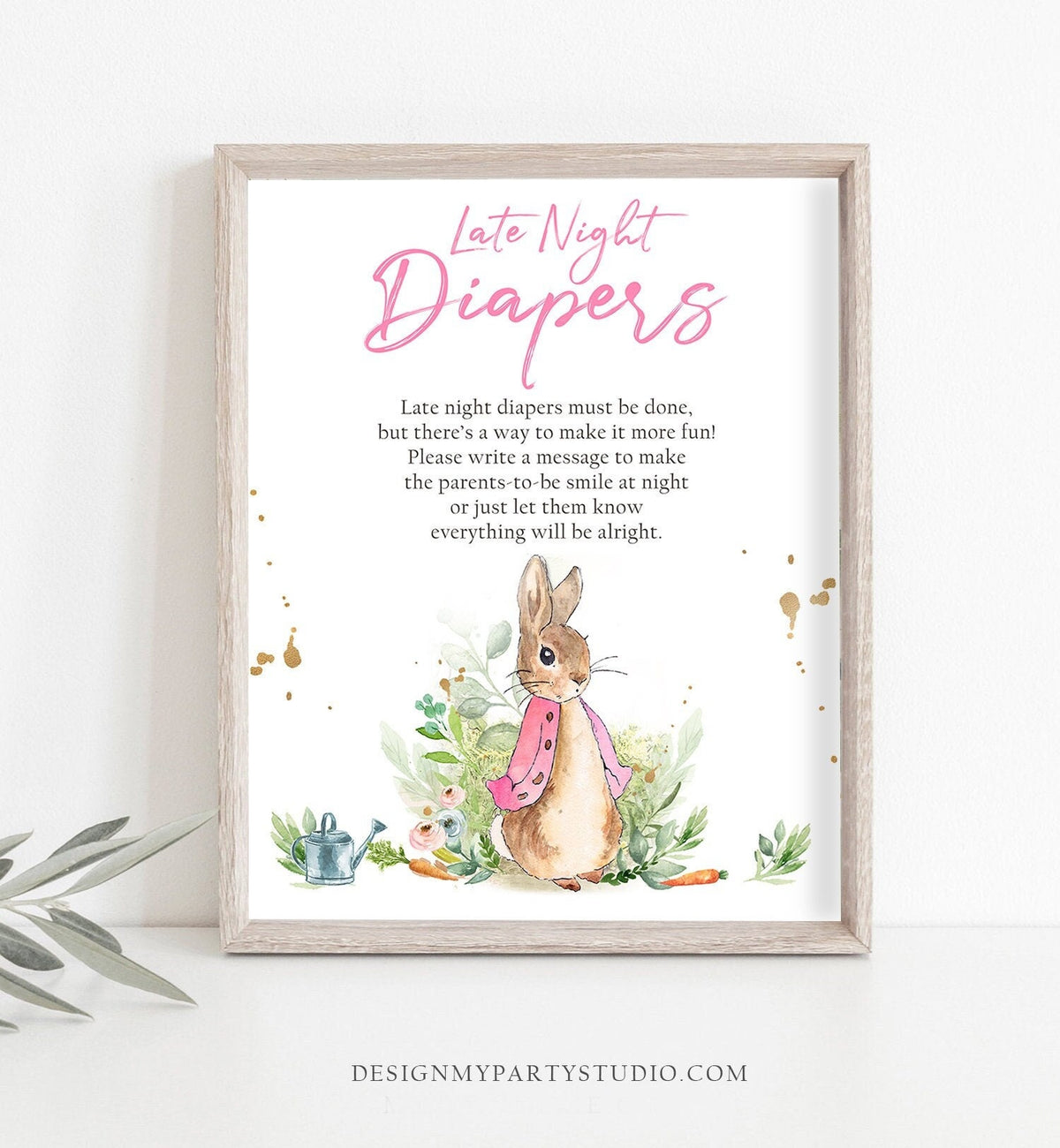 Late Night Diapers Sign Peter Rabbit Baby Shower Beatrix Potter Shower Game Flopsy Bunny Girl Diaper Thought Greenery Sign PRINTABLE 0351