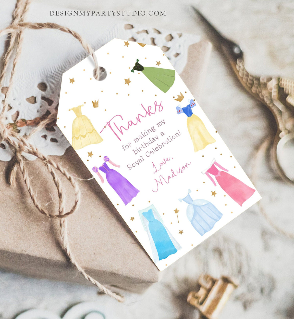 Editable Princess Favor Tags Thank You Girl Birthday Royal Party Princess Dresses Costume Magical Download Corjl Template Printable 0462
