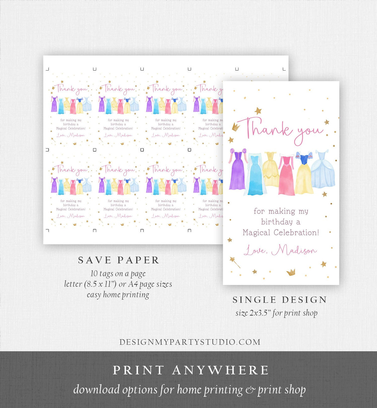 Editable Princess Favor Tags Thank You Girl Birthday Royal Party Princess Dresses Costume Magical Download Corjl Template Printable 0462