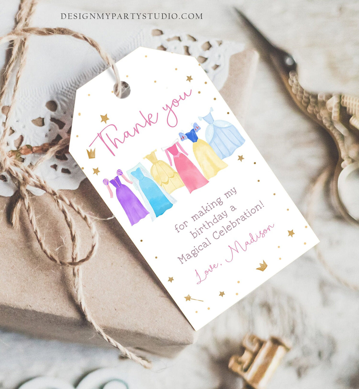 Editable Princess Favor Tags Thank You Girl Birthday Royal Party Princess Dresses Costume Magical Download Corjl Template Printable 0462