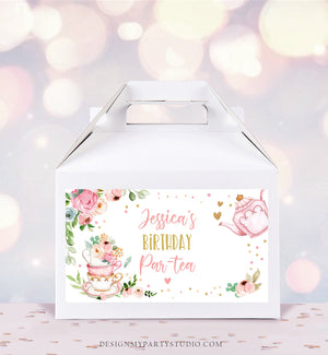 Editable Tea Party Gable Gift Box Label Tea Birthday Par-tea Girl Treat Box Label Floral Pink Favor Download Printable Digital Corjl 0349