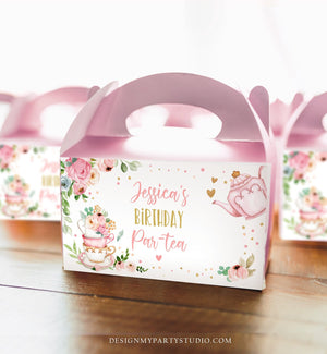 Editable Tea Party Gable Gift Box Label Tea Birthday Par-tea Girl Treat Box Label Floral Pink Favor Download Printable Digital Corjl 0349
