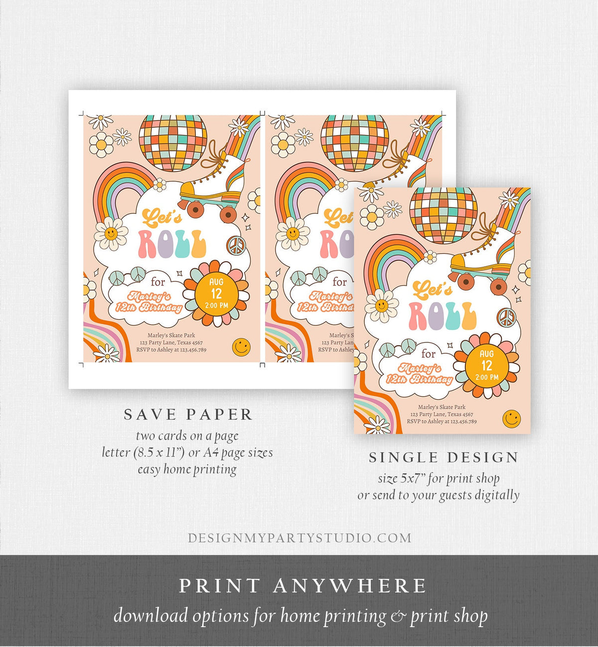 Editable Retro Roller Skate Birthday Party Invitation Let's Roll Skating Kids Rainbow 70's Skate Invite Download Template Corjl Digital 0459