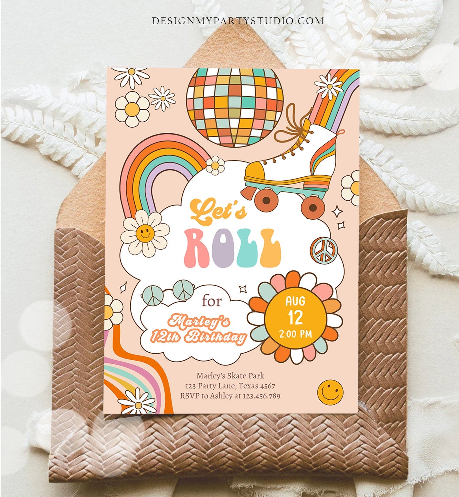 Editable Retro Roller Skate Birthday Party Invitation Let's Roll Skating Kids Rainbow 70's Skate Invite Download Template Corjl Digital 0459