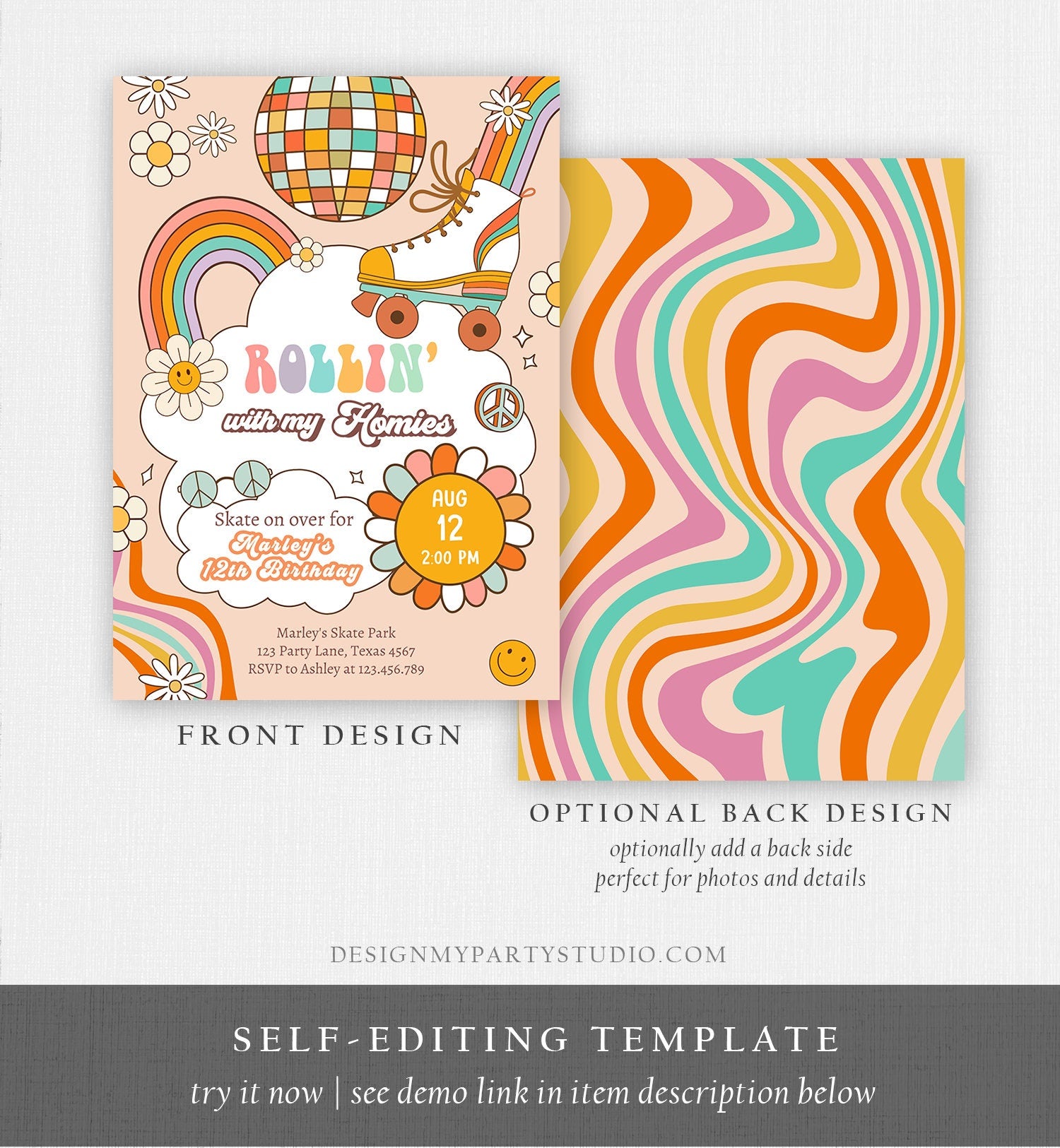 Editable Retro Roller Skate Birthday Party Invitation Rollin' With My Homies Skating 70's Skate Invite Download Template Corjl Digital 0459