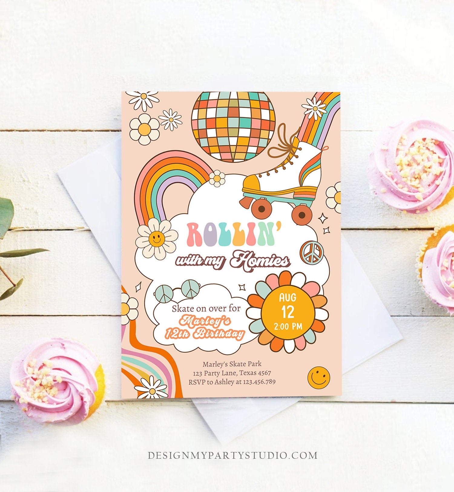 Editable Retro Roller Skate Birthday Party Invitation Rollin' With My Homies Skating 70's Skate Invite Download Template Corjl Digital 0459