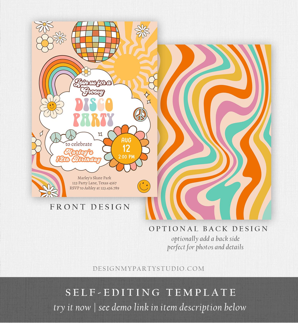 Editable Groovy Disco Birthday Party Invitation Disco Party Birthday Smiley Boho Retro 80's 70's Girl Download Template Corjl Digital 0459