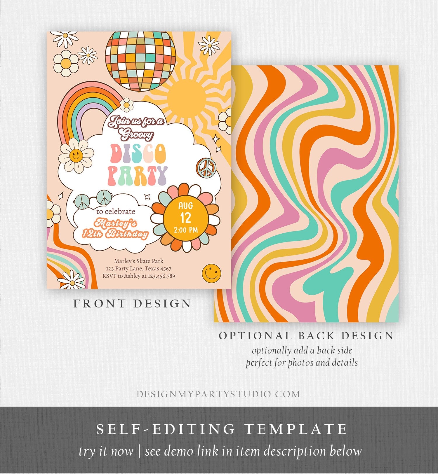 Editable Groovy Disco Birthday Party Invitation Disco Party Birthday Smiley Boho Retro 80's 70's Girl Download Template Corjl Digital 0459