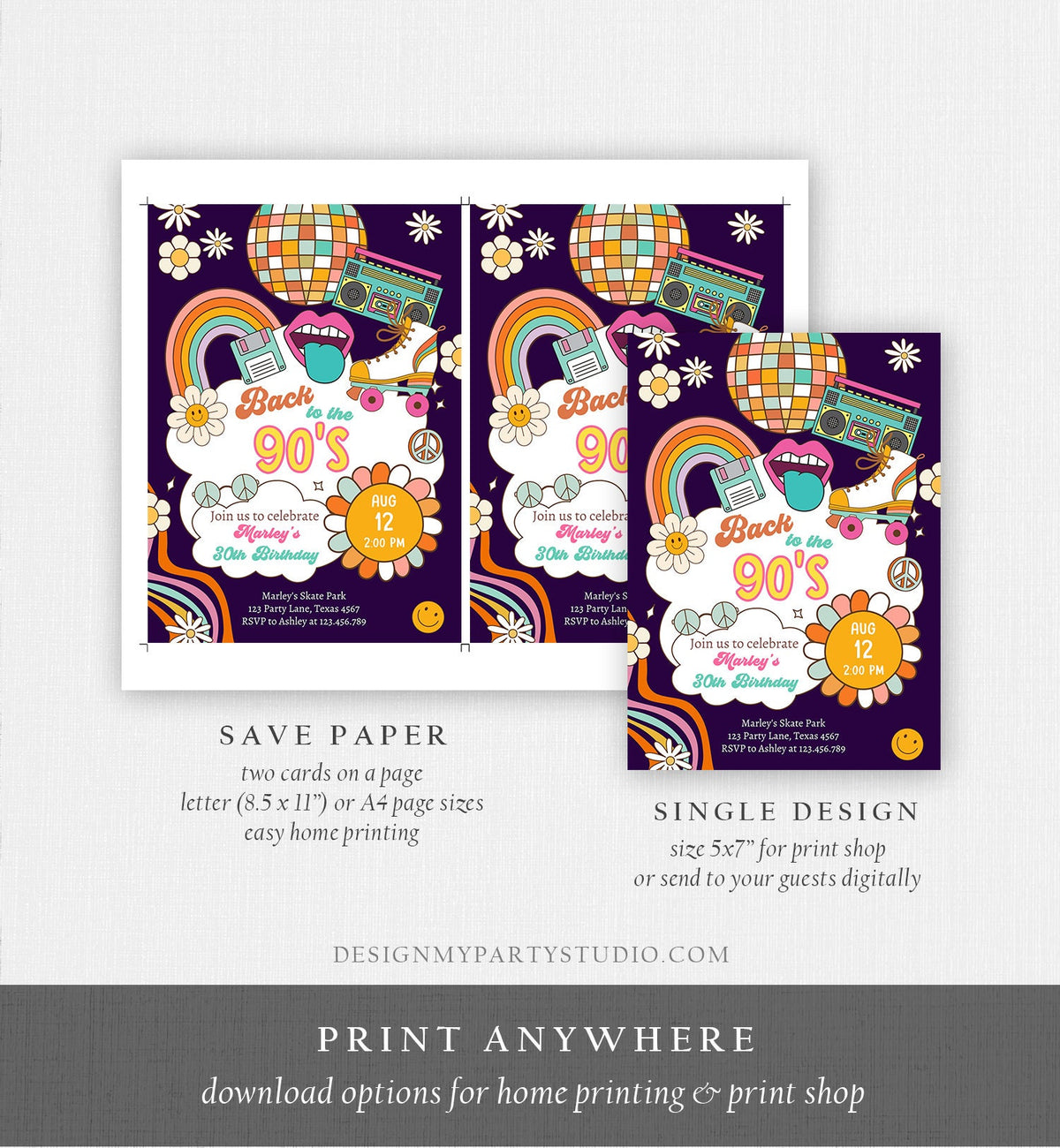 Editable 90s Birthday Party Invitation Back To The 90s Birthday Retro Rewind 1990 Disco Dance 30th 40th Download Template Corjl Digital 0459