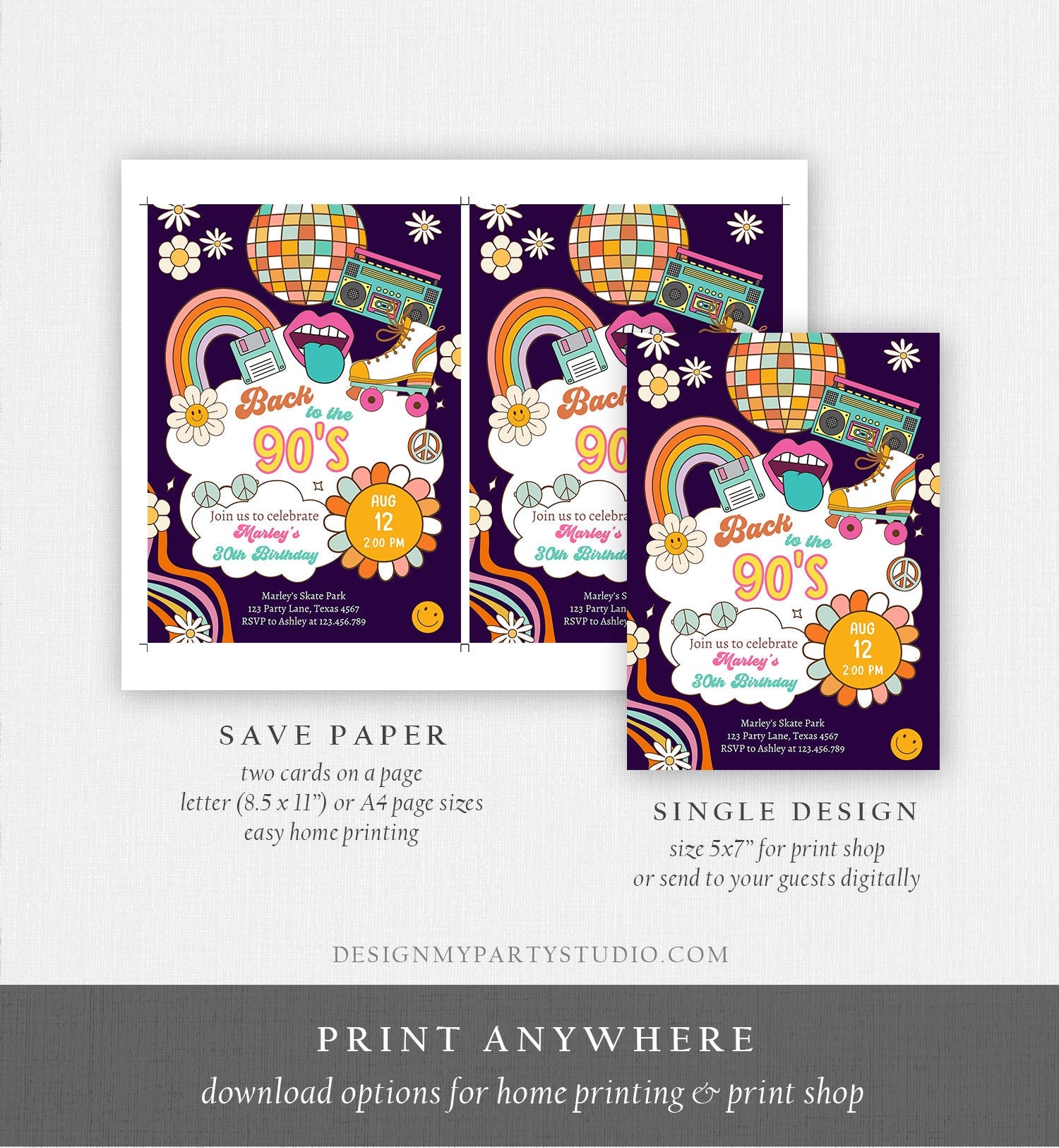 Editable 90s Birthday Party Invitation Back To The 90s Birthday Retro Rewind 1990 Disco Dance 30th 40th Download Template Corjl Digital 0459