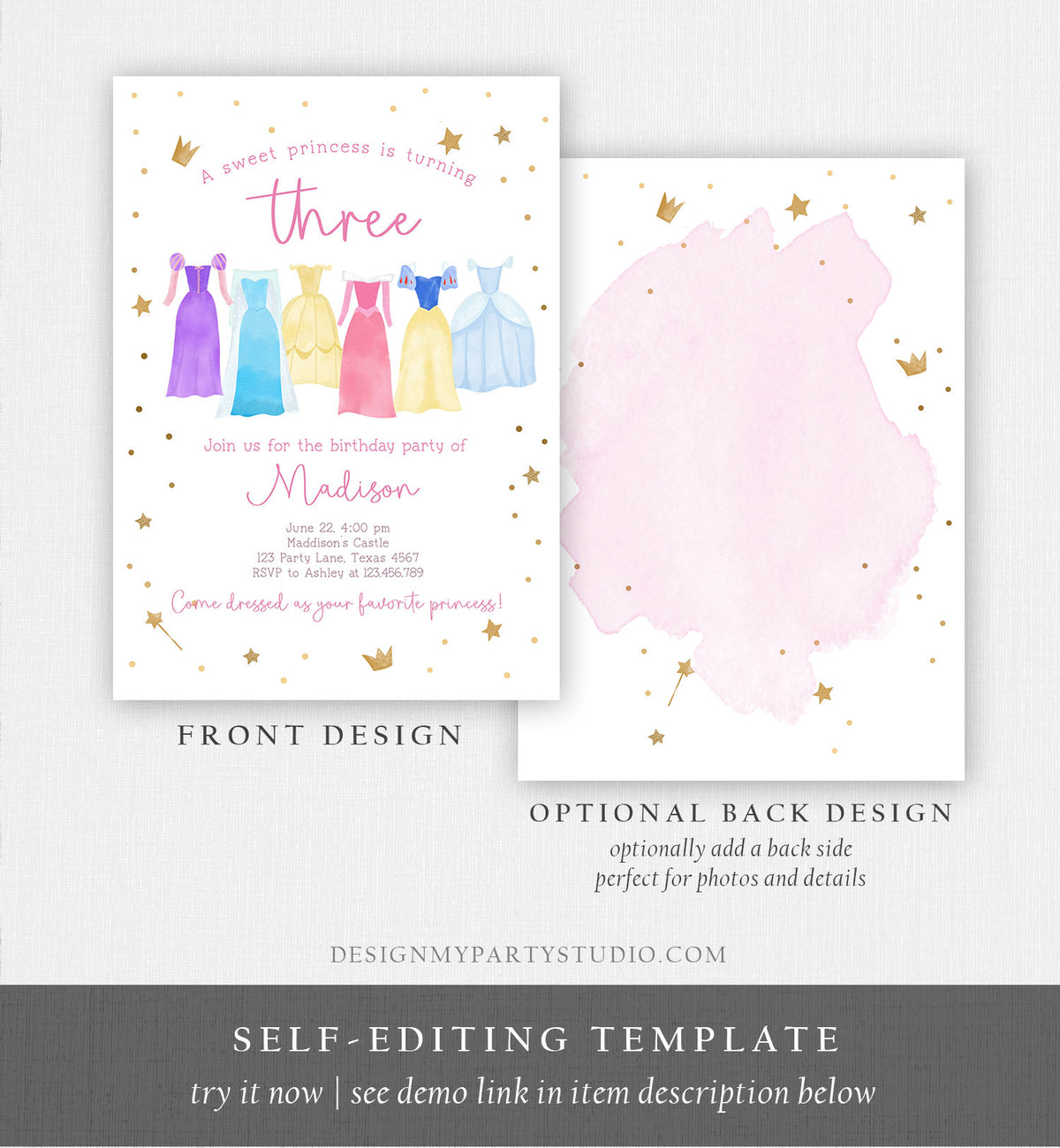 Editable Princess Birthday Invitation Princess Dress-Up Invite Royal Birthday Girl Pink Princess Dresses Template Corjl Printable 0462