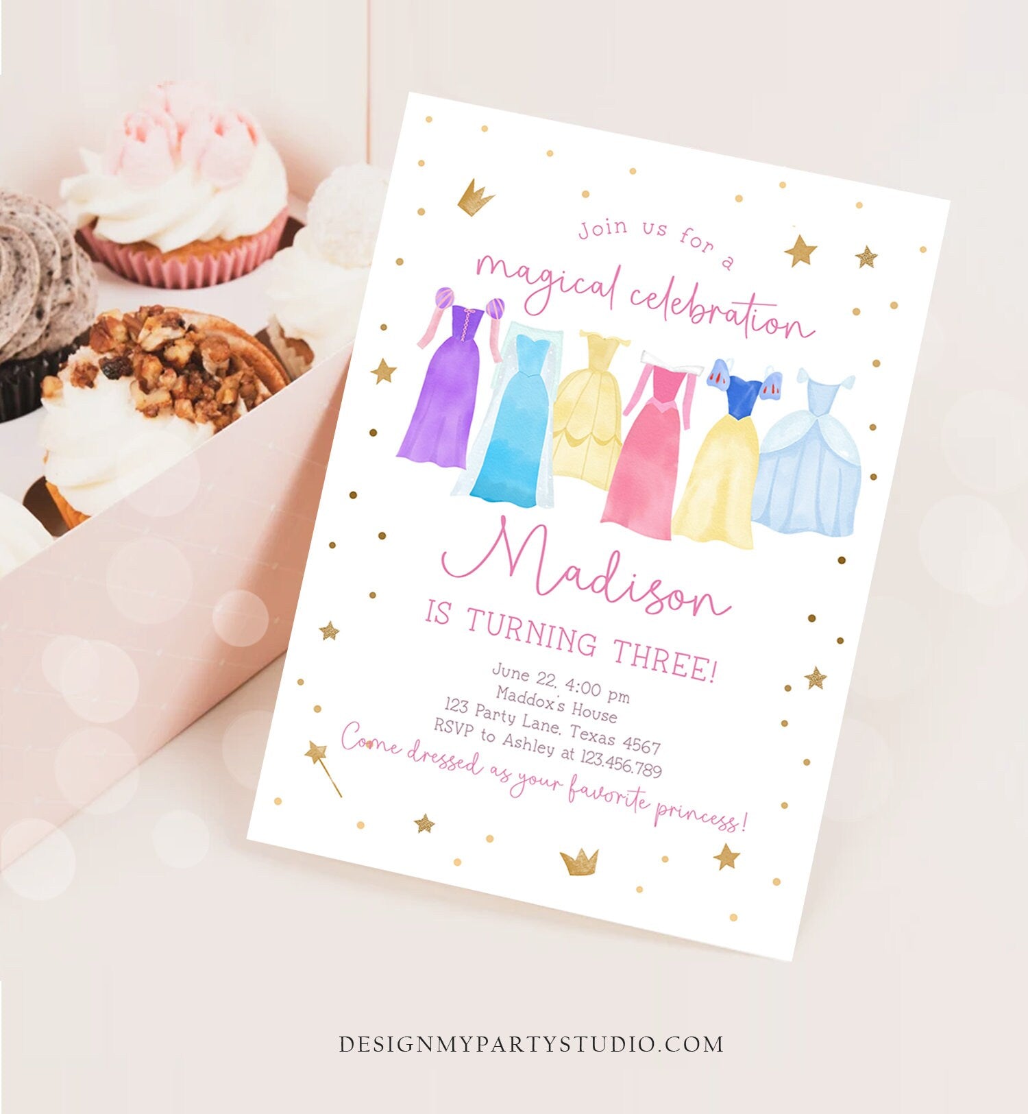 Editable Princess Birthday Invitation Princess Dress-Up Invite Royal Birthday Girl Pink Princess Dresses Template Corjl Printable 0462