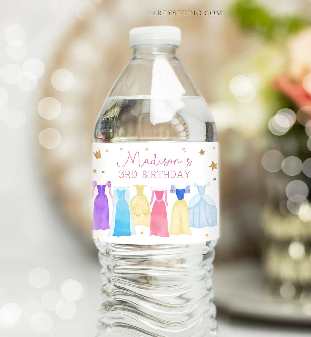 Editable Princess Water Bottle Labels Princess Birthday Party Girl Dress-up Royal Magical Celebration Download Printable Template Corjl 0462