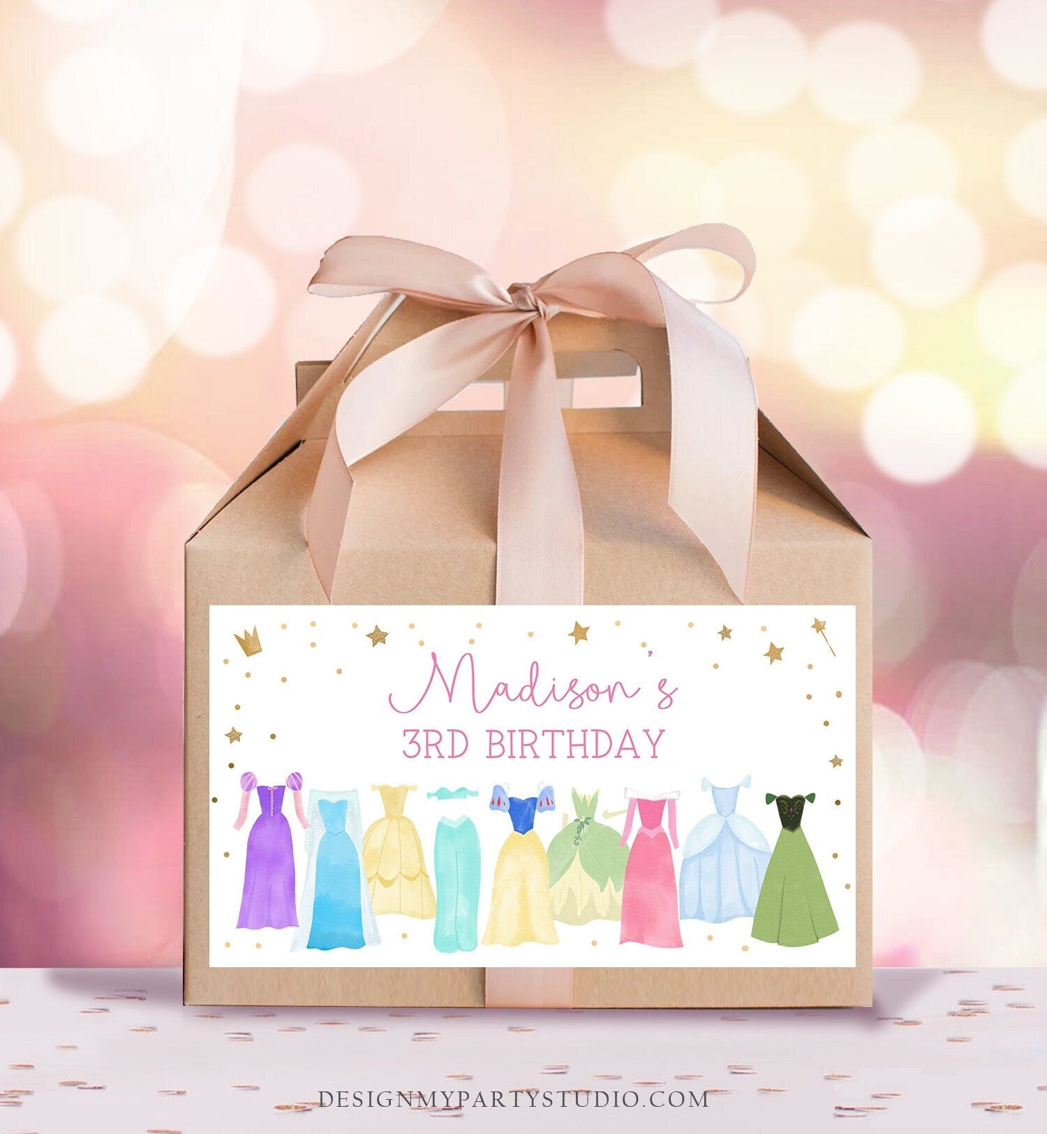 Editable Princess Gable Gift Box Label Royal Princess Birthday Girl Treat Box Label Dress-Up Party Magical Download Printable Corjl 0462