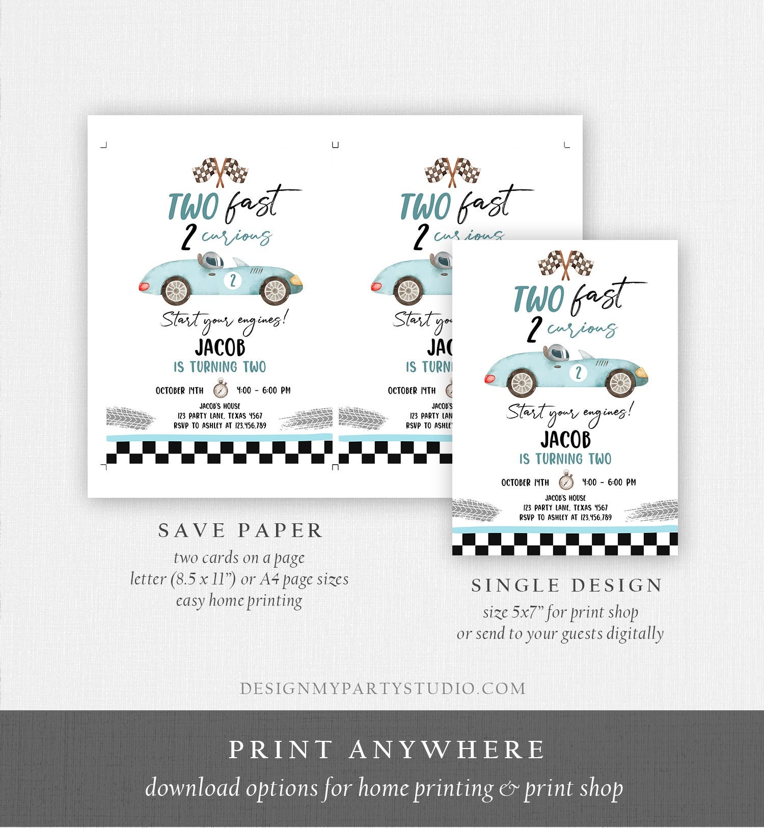 Editable Two Fast Birthday Invitation 2 Curious Party Race Car Second Birthday 2nd Racing Boy Download Printable Template Digital Corjl 0424