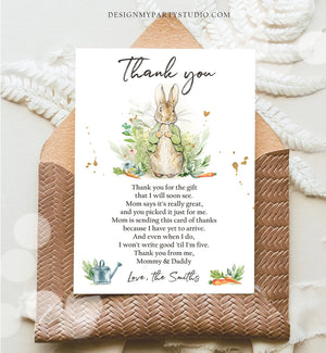 Editable Peter Rabbit Baby Shower Thank You Card Gender Neutral Rustic Spring Bunny Baby Shower Digital Corjl Template Printable 0351