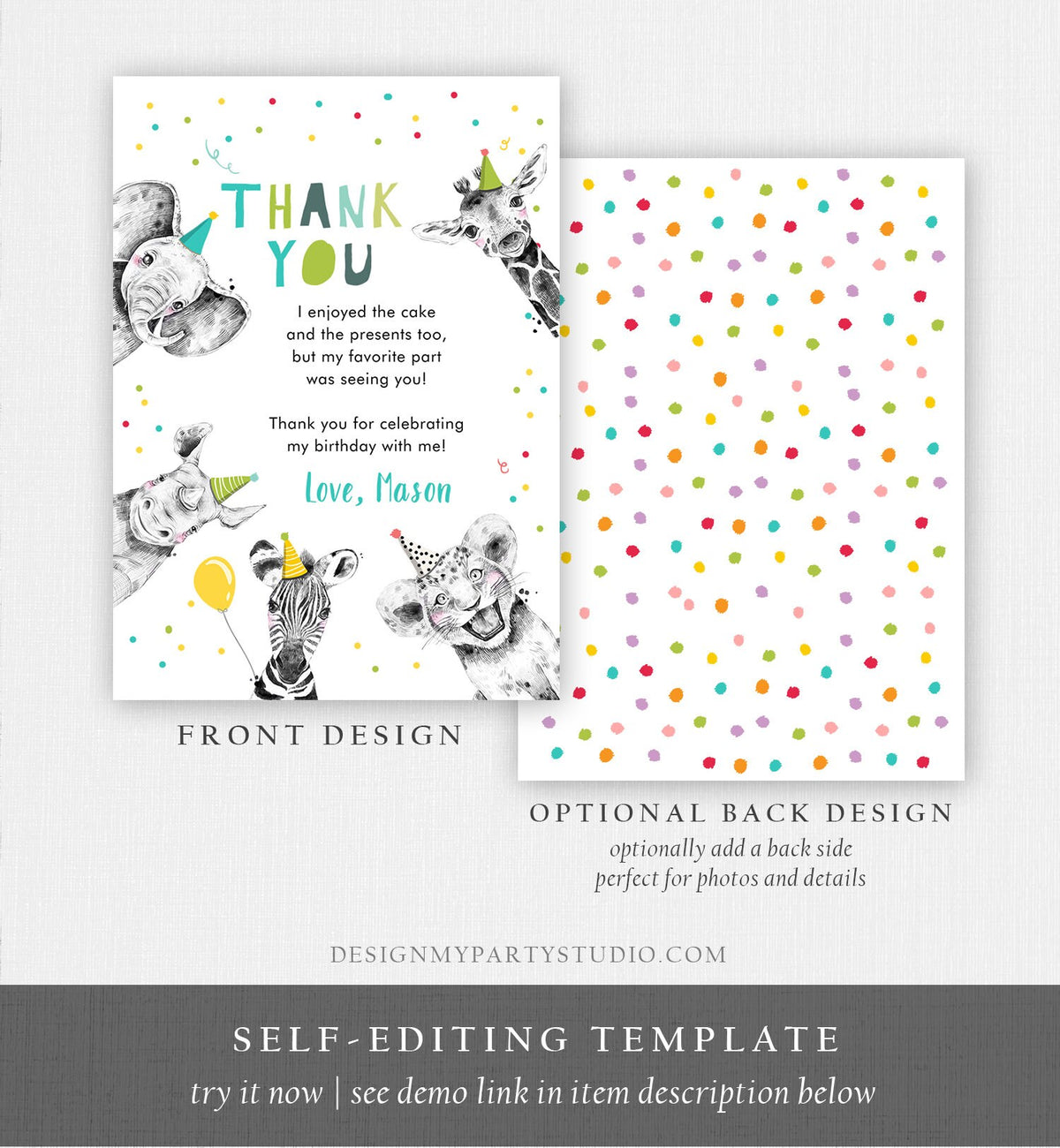 Editable Thank You Card Safari Animals Wild One Two Wild Thank You Note Boy Wild Three Zoo Party Animals Corjl Template Digital 0390