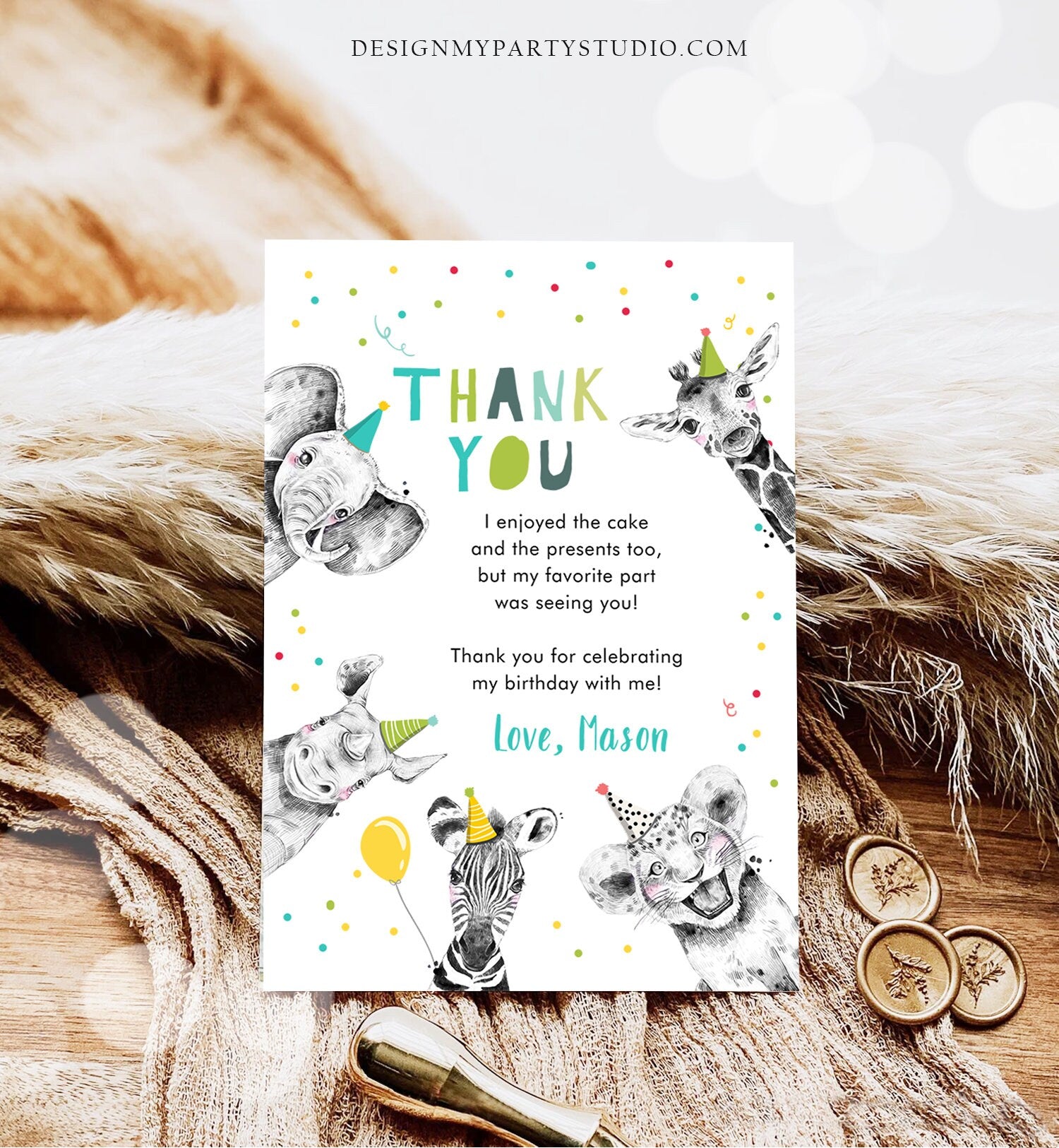 Editable Thank You Card Safari Animals Wild One Two Wild Thank You Note Boy Wild Three Zoo Party Animals Corjl Template Digital 0390