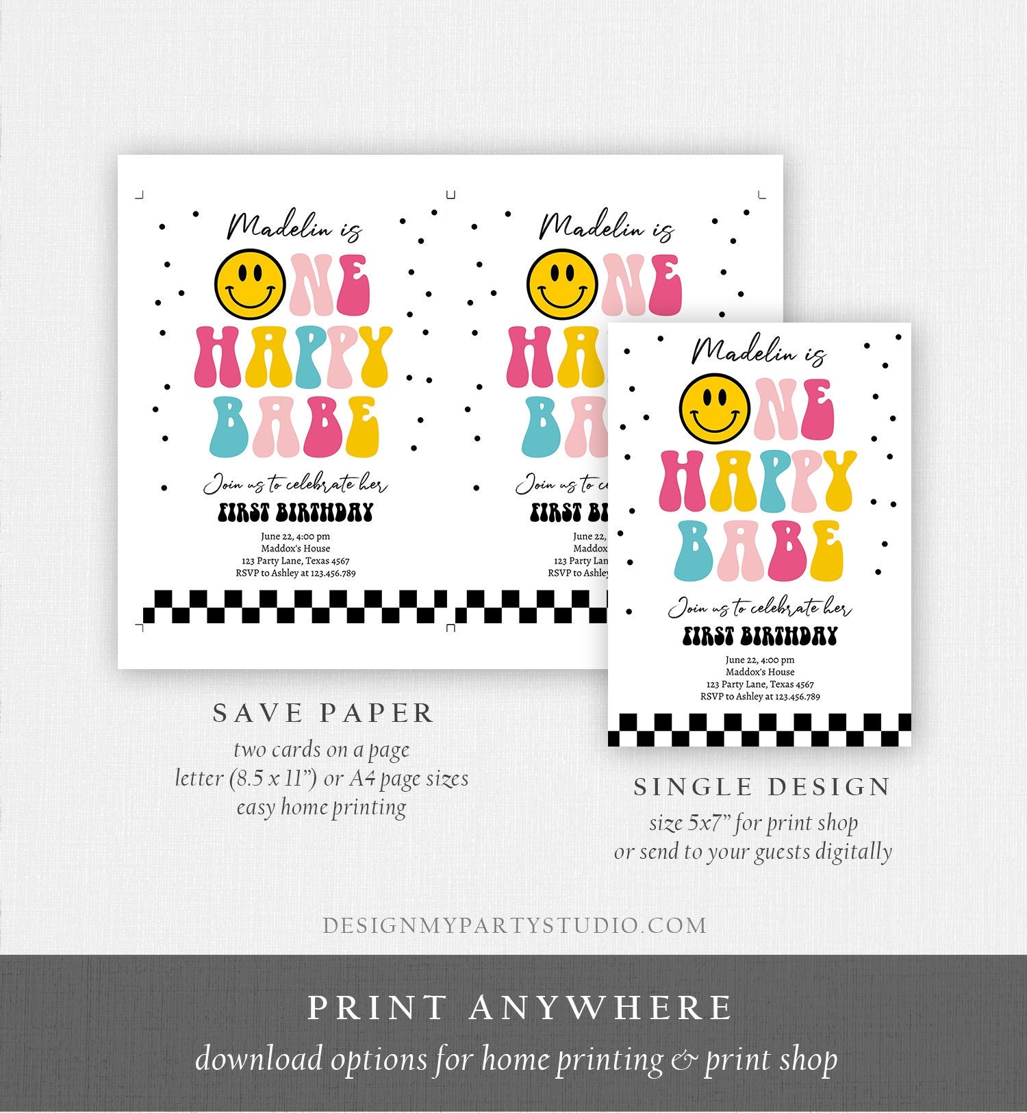 Editable One Happy Babe Birthday Invitation Girl 1st Birthday Invite Smiley Face Birthday Download Printable Template Digital Corjl 0456